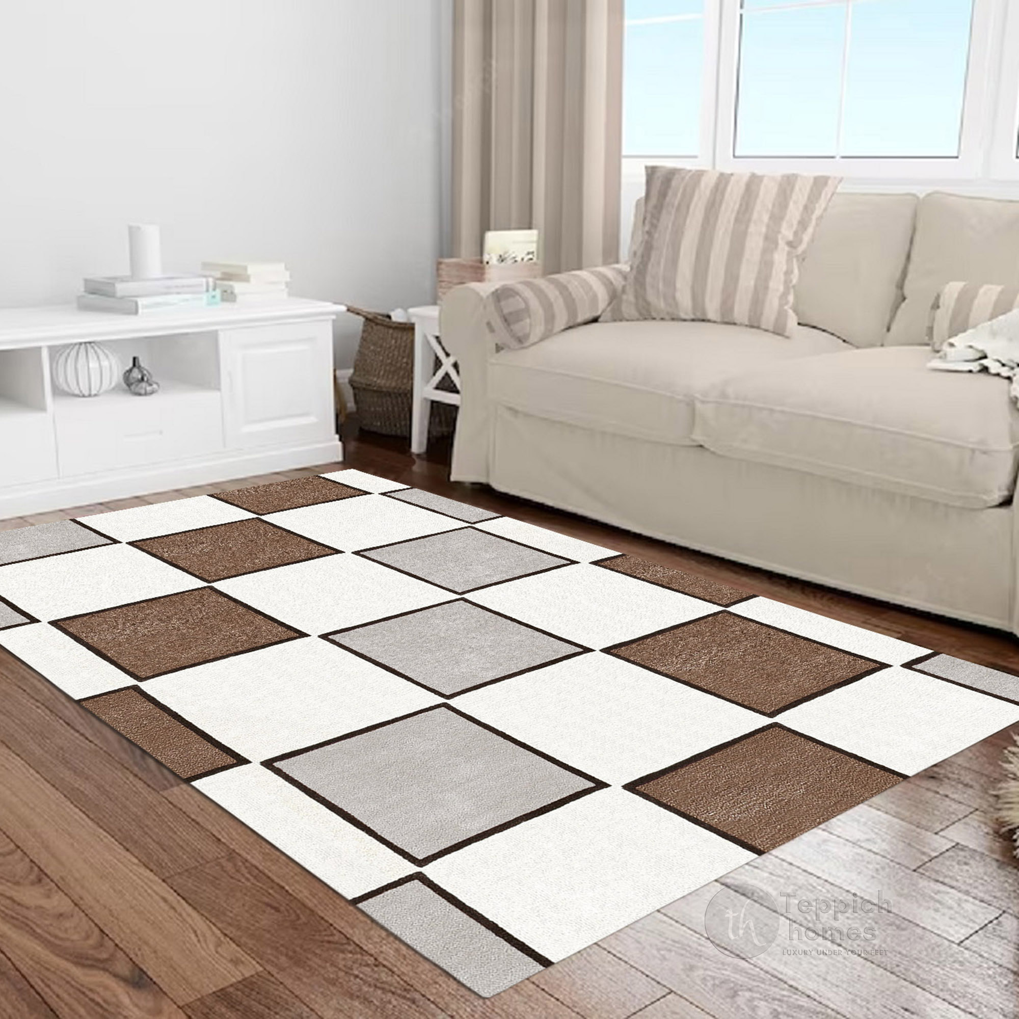 Modern Checkered Area Rug Brown and Grey Square Pattern Carpet for Living Room and Bedroom