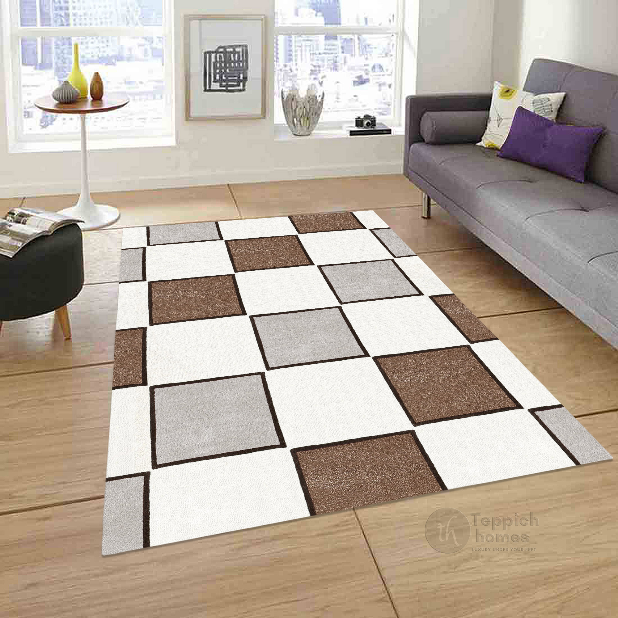 Modern Checkered Area Rug Brown and Grey Square Pattern Carpet for Living Room and Bedroom