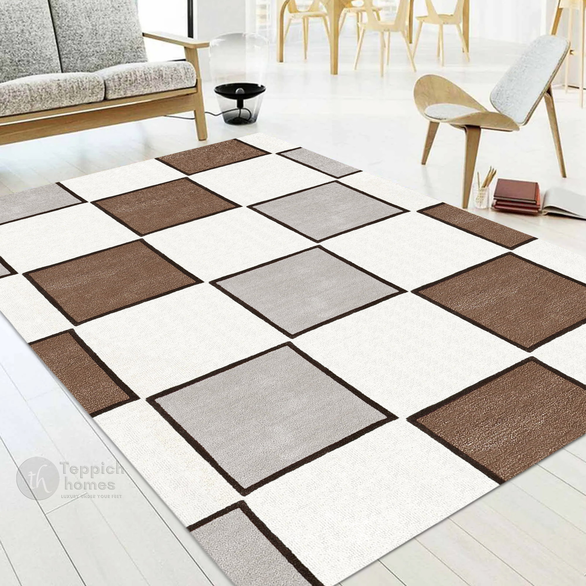 Modern Checkered Area Rug Brown and Grey Square Pattern Carpet for Living Room and Bedroom