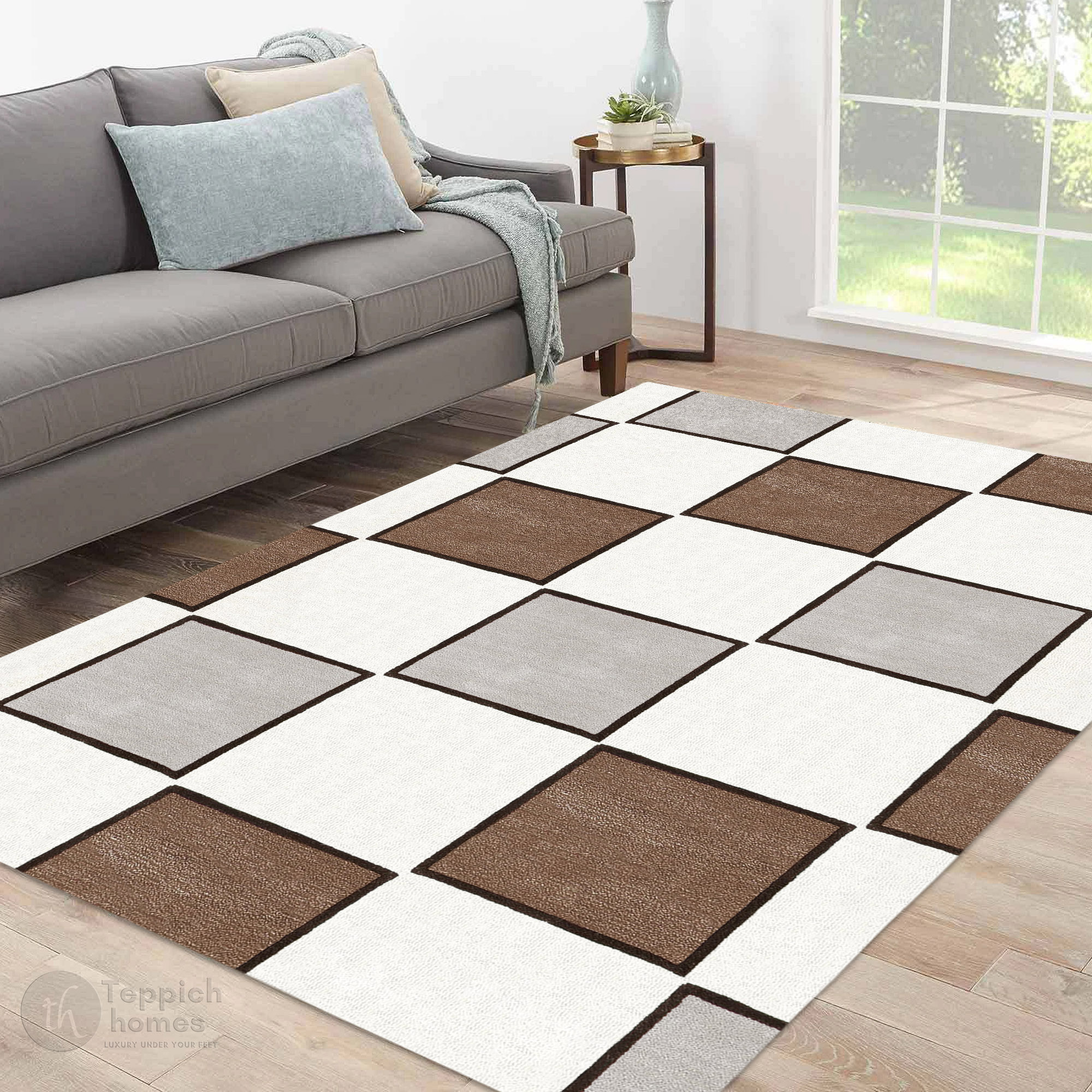 Modern Checkered Area Rug Brown and Grey Square Pattern Carpet for Living Room and Bedroom