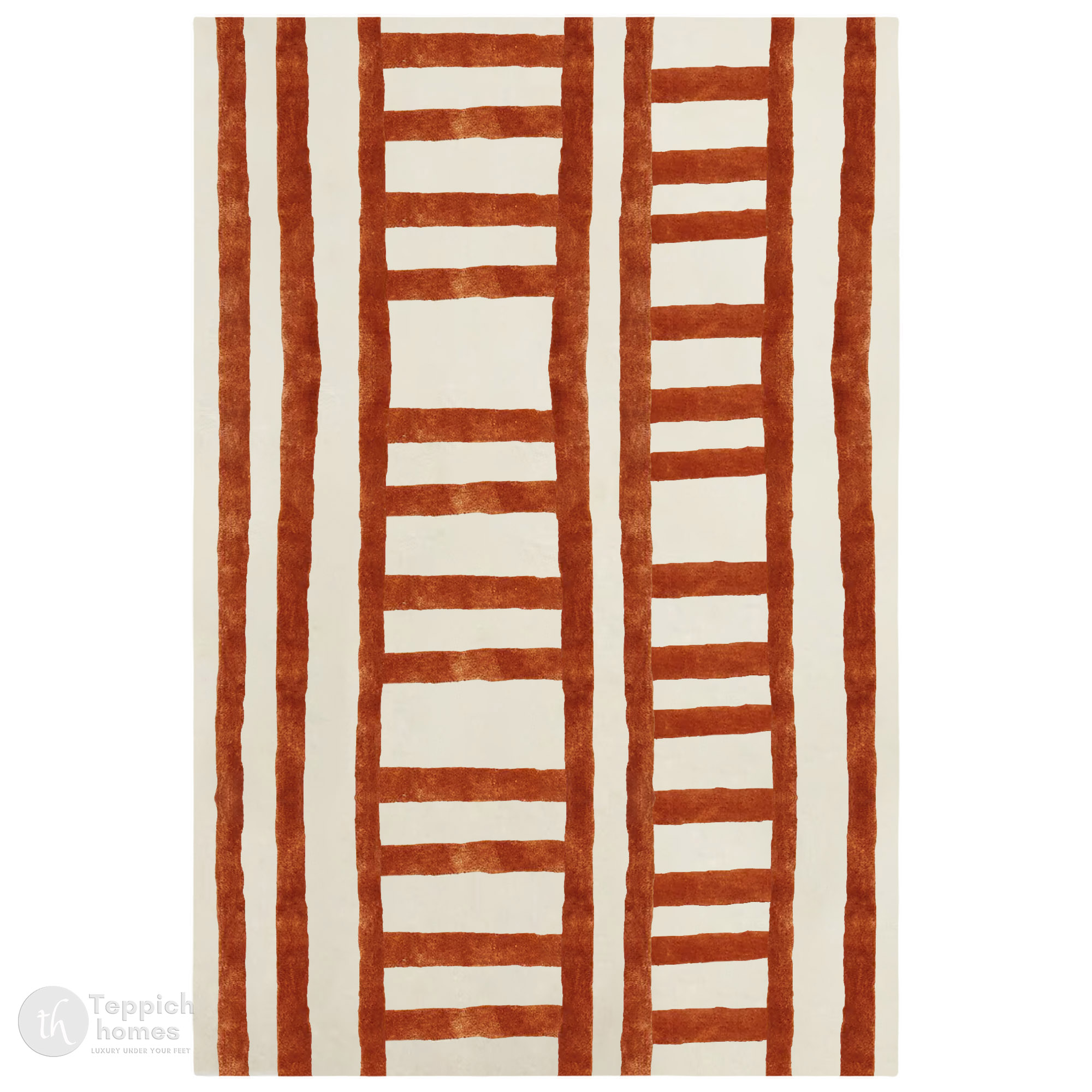Modern Cream Rug with Rust Ladder Stripe Design Contemporary Geometric Carpet