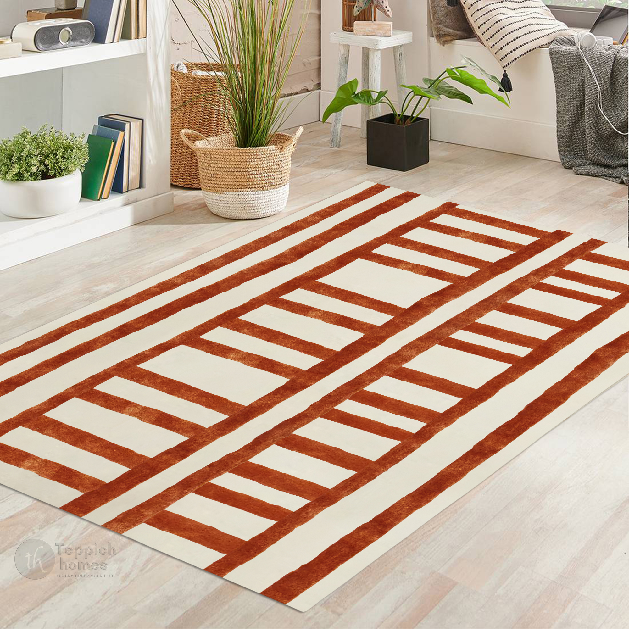 Modern Cream Rug with Rust Ladder Stripe Design Contemporary Geometric Carpet