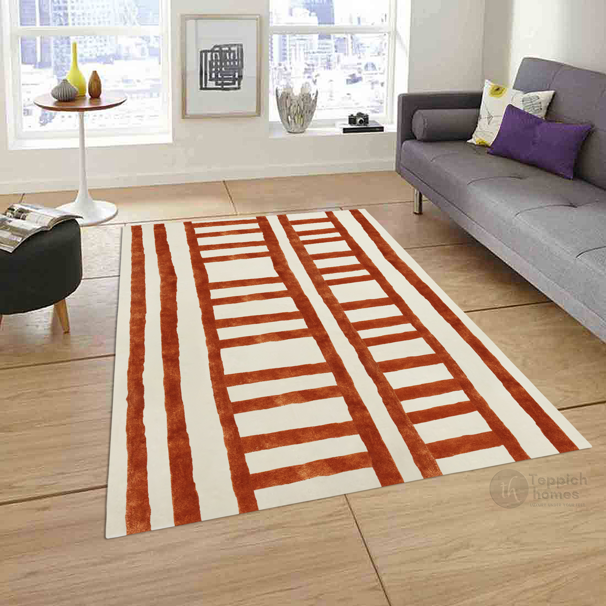 Modern Cream Rug with Rust Ladder Stripe Design Contemporary Geometric Carpet