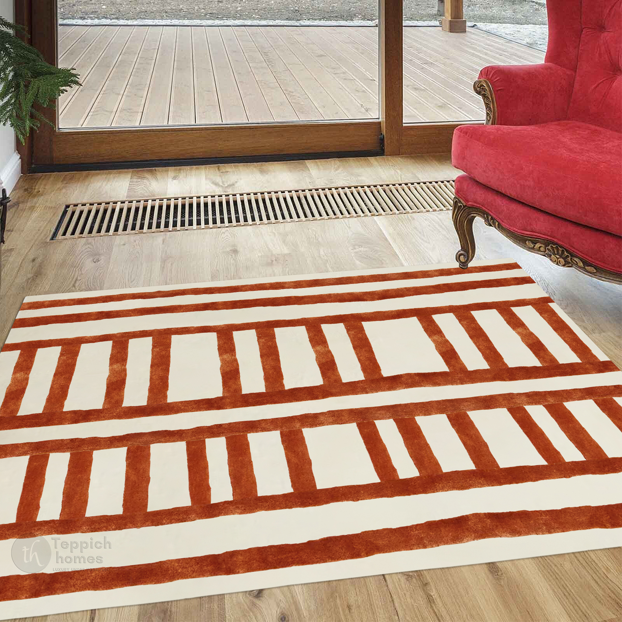 Modern Cream Rug with Rust Ladder Stripe Design Contemporary Geometric Carpet