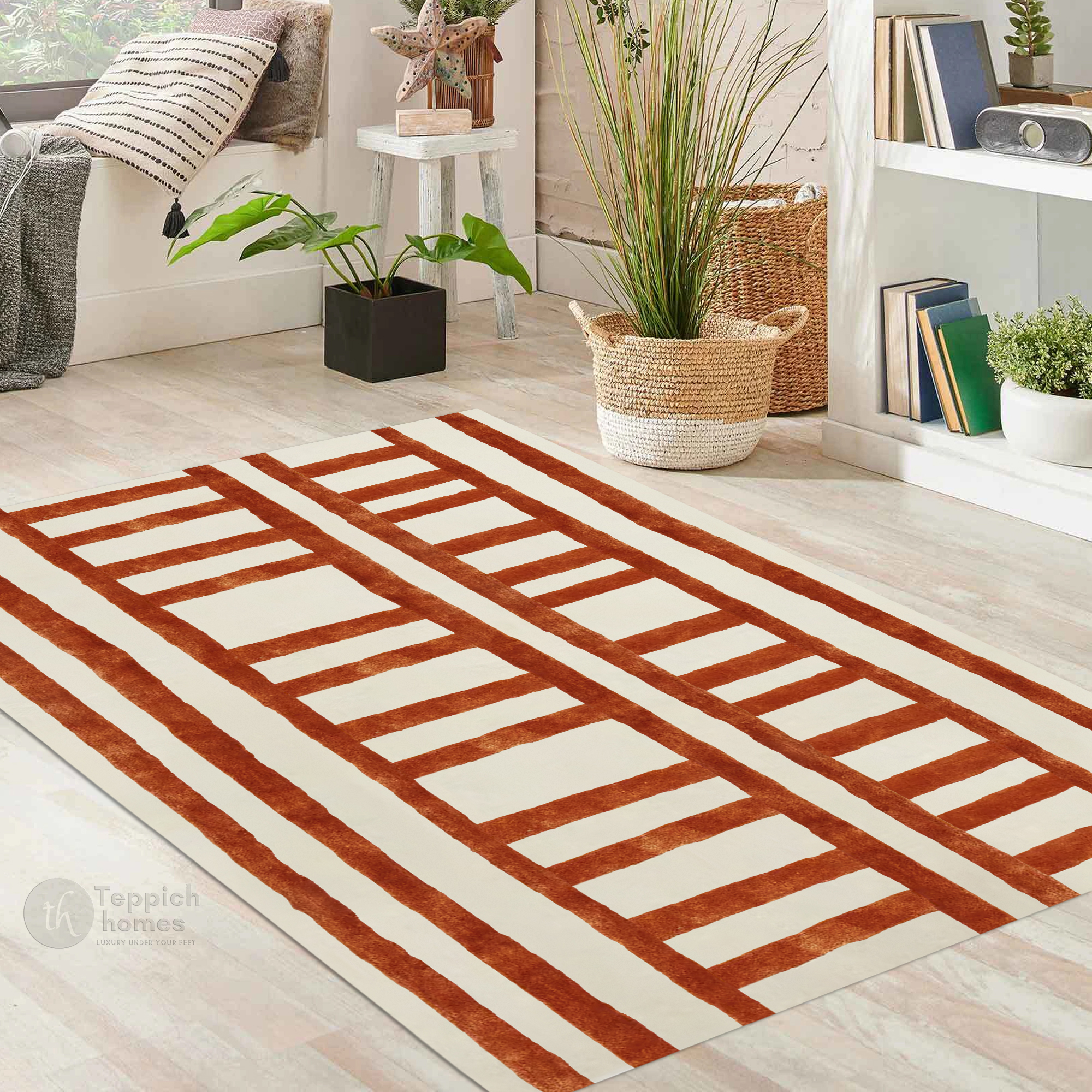 Modern Cream Rug with Rust Ladder Stripe Design Contemporary Geometric Carpet