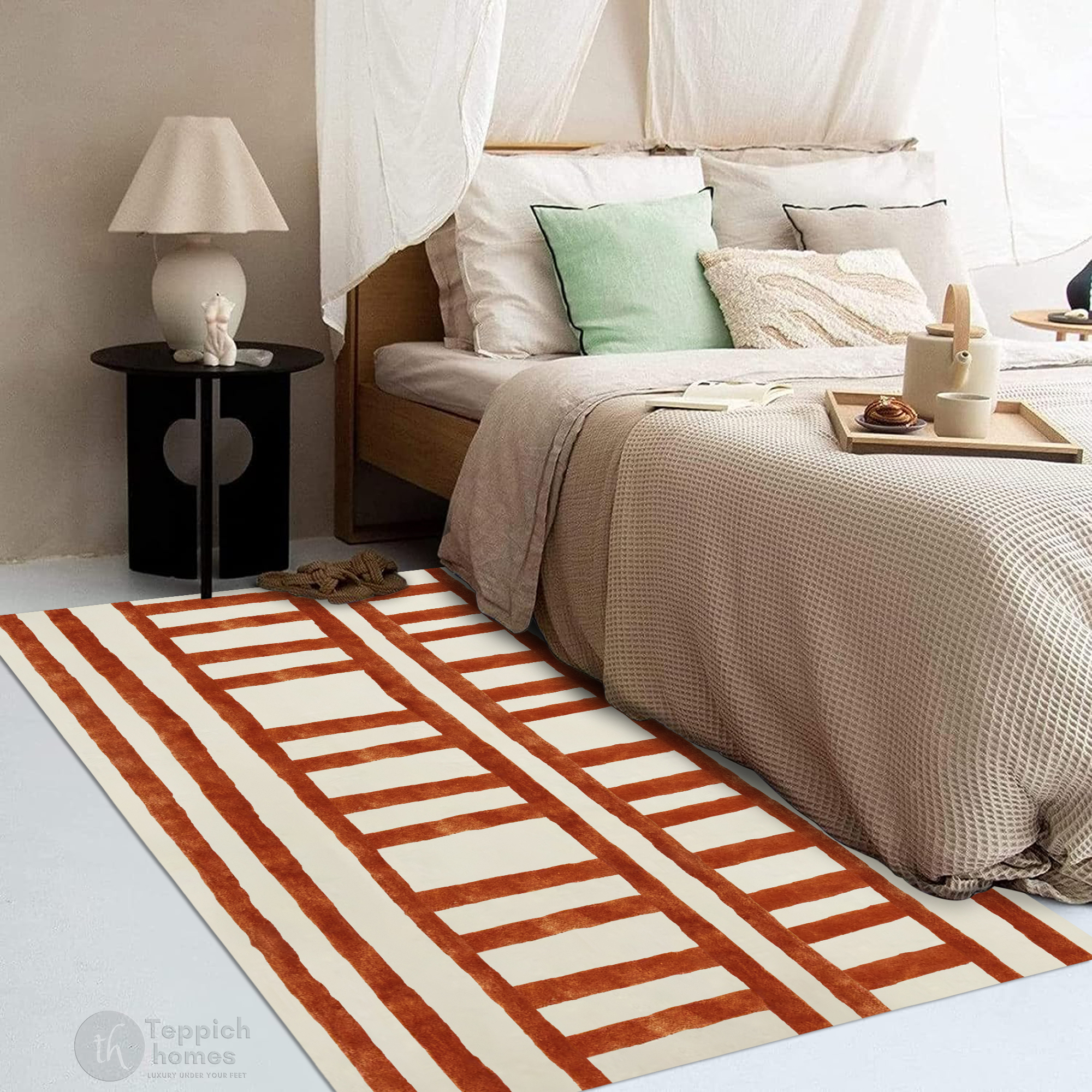 Modern Cream Rug with Rust Ladder Stripe Design Contemporary Geometric Carpet
