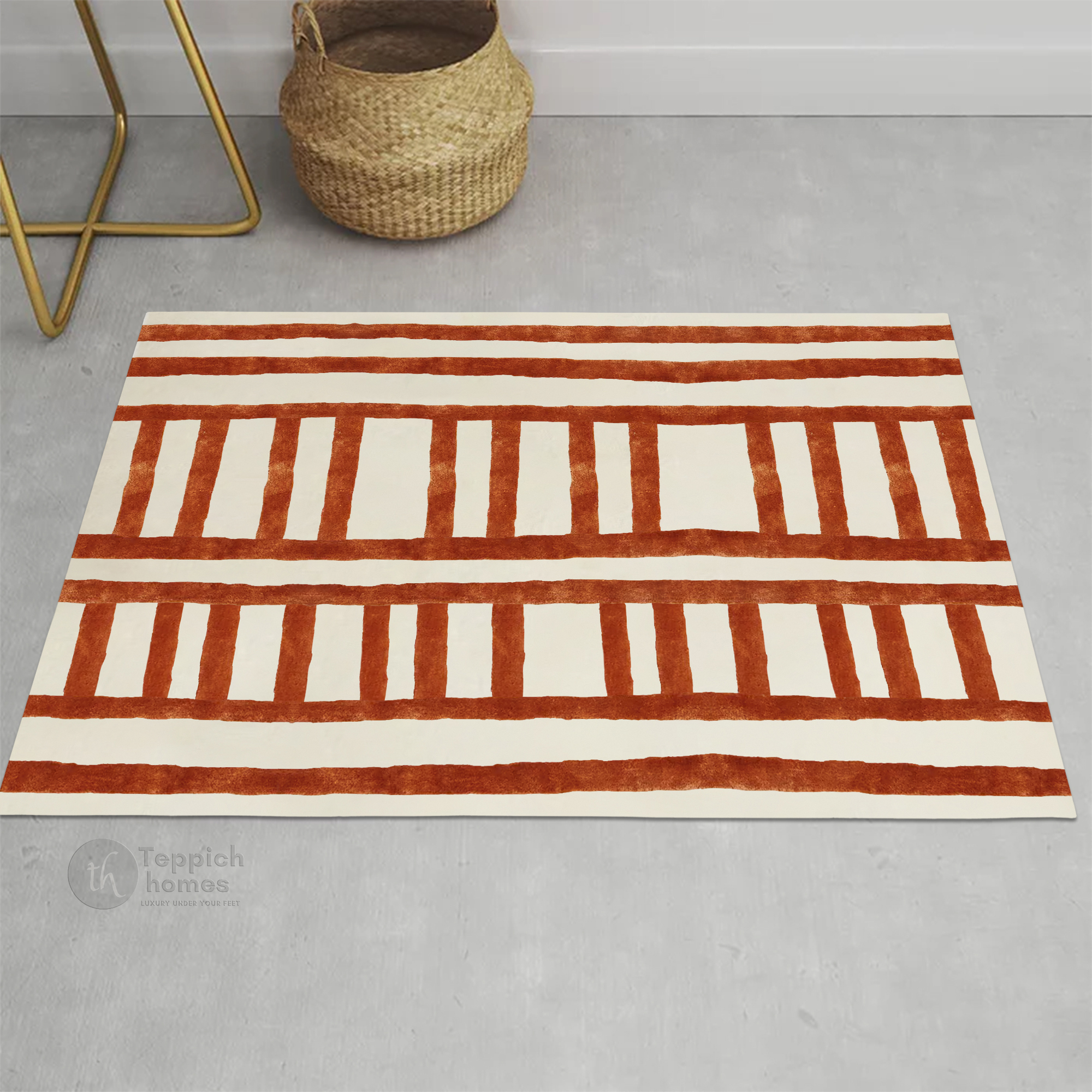 Modern Cream Rug with Rust Ladder Stripe Design Contemporary Geometric Carpet