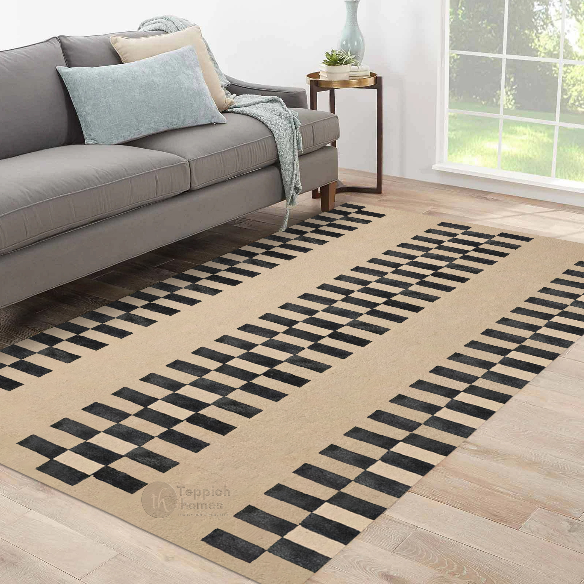 Beige and Black Geometric Rug with Checkered Stripe Design Modern Contemporary Carpet