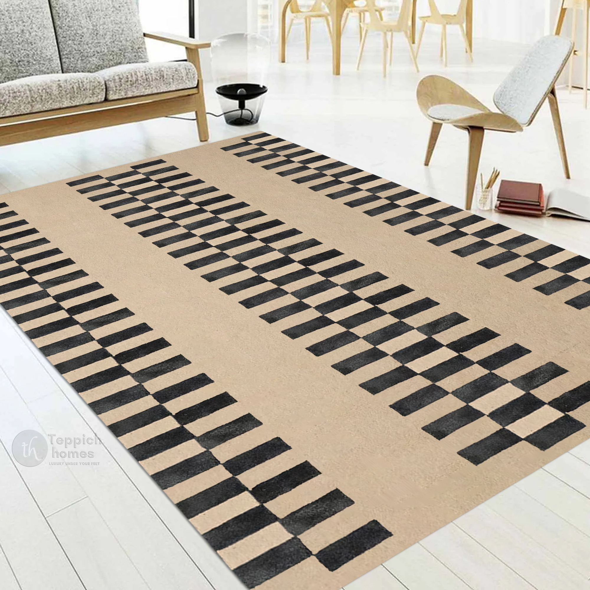 Beige and Black Geometric Rug with Checkered Stripe Design Modern Contemporary Carpet