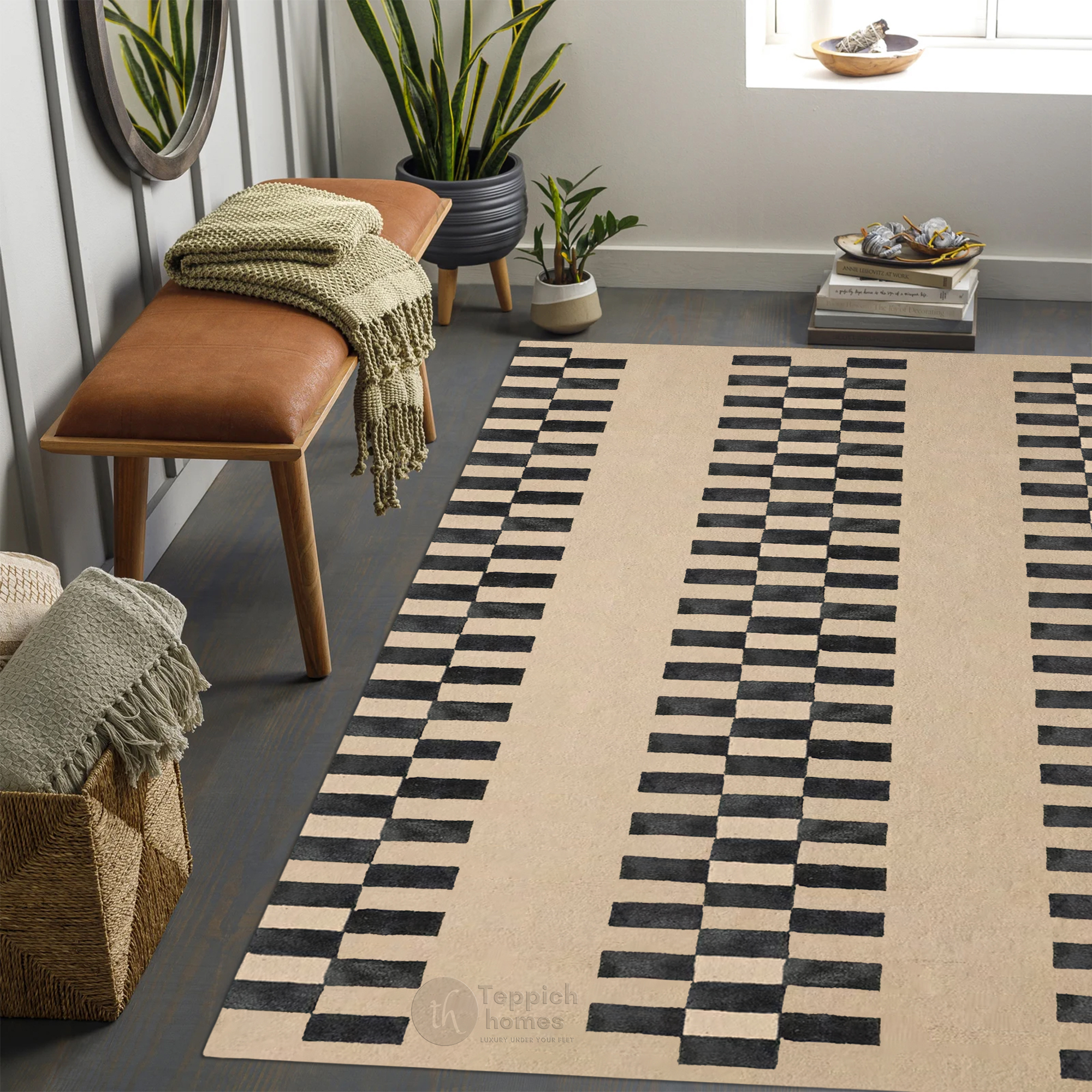 Beige and Black Geometric Rug with Checkered Stripe Design Modern Contemporary Carpet