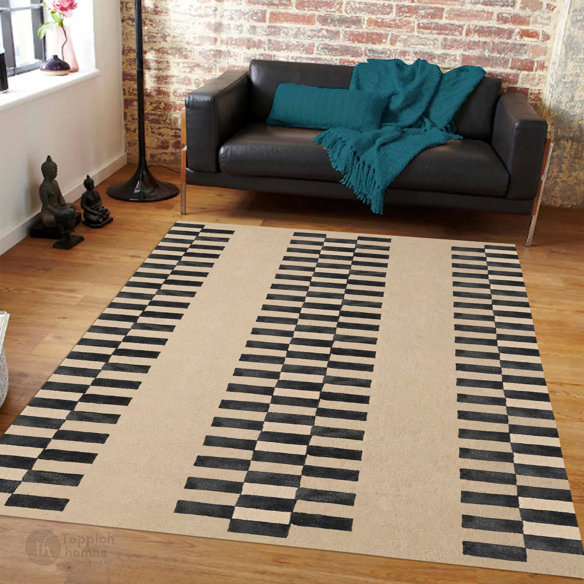 Beige and Black Geometric Rug with Checkered Stripe Design Modern Contemporary Carpet