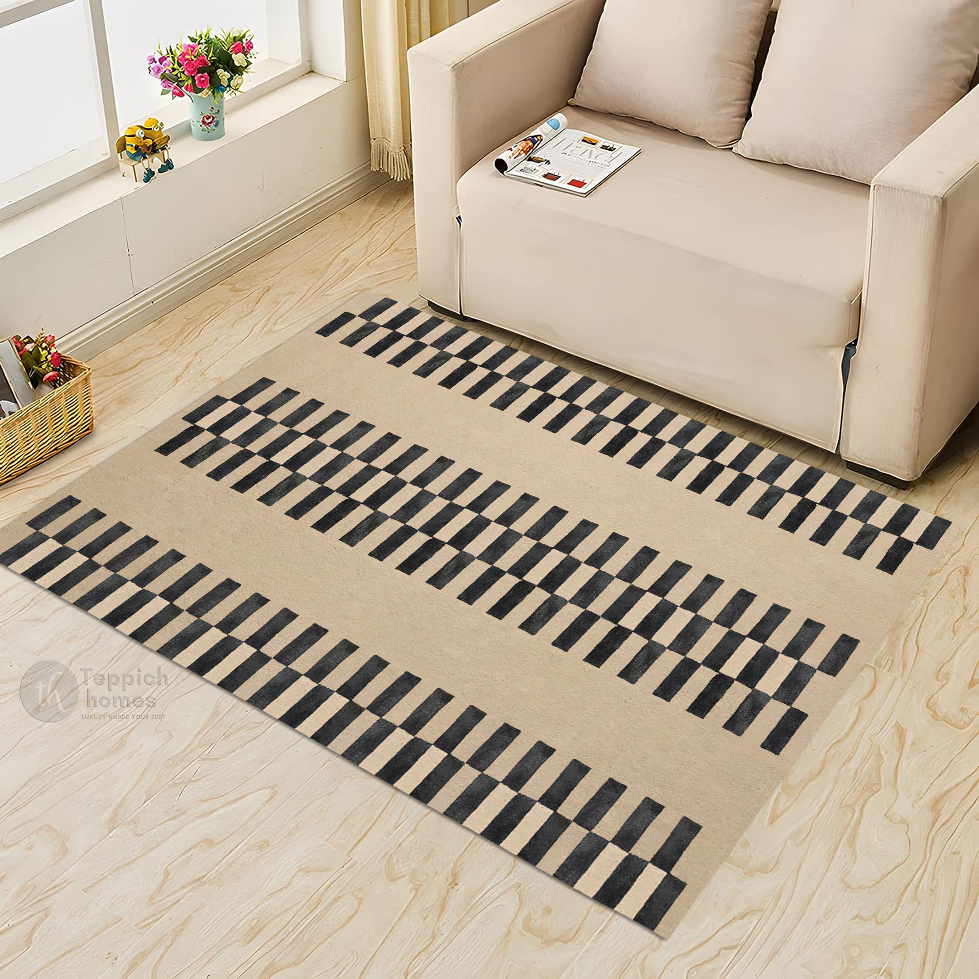Beige and Black Geometric Rug with Checkered Stripe Design Modern Contemporary Carpet