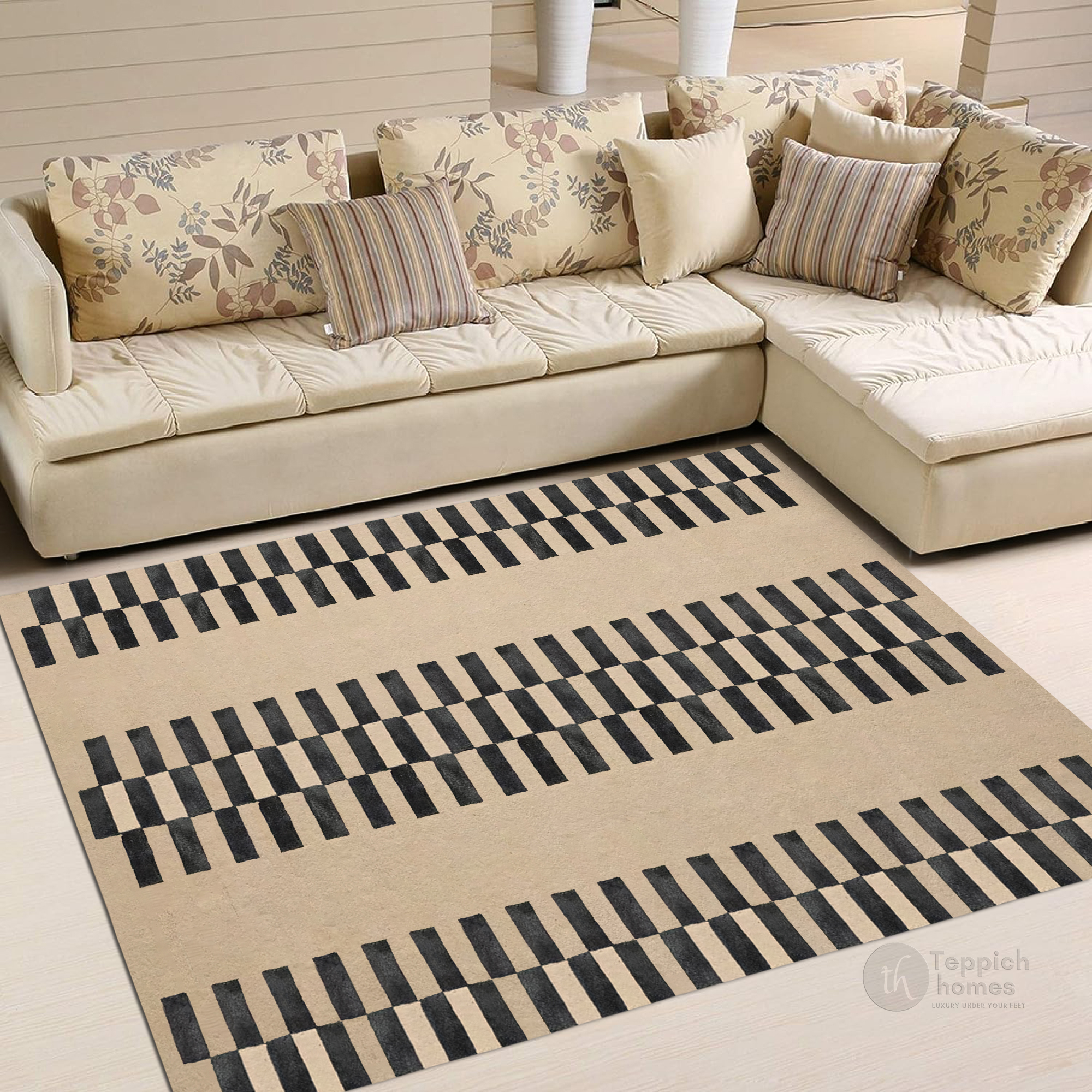 Beige and Black Geometric Rug with Checkered Stripe Design Modern Contemporary Carpet