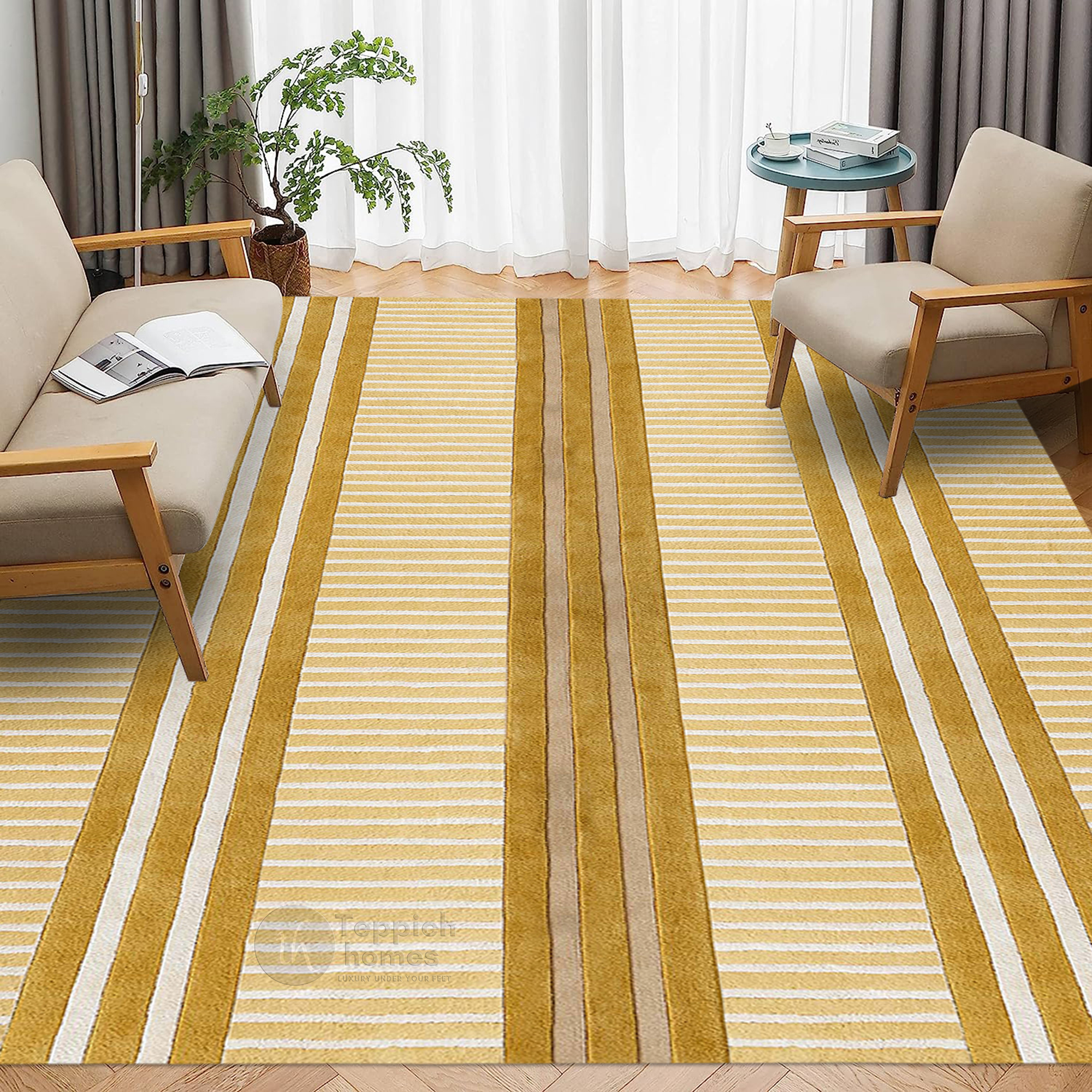 Modern Beige Striped Area Rug Contemporary Geometric Carpet for Living Room and Bedroom
