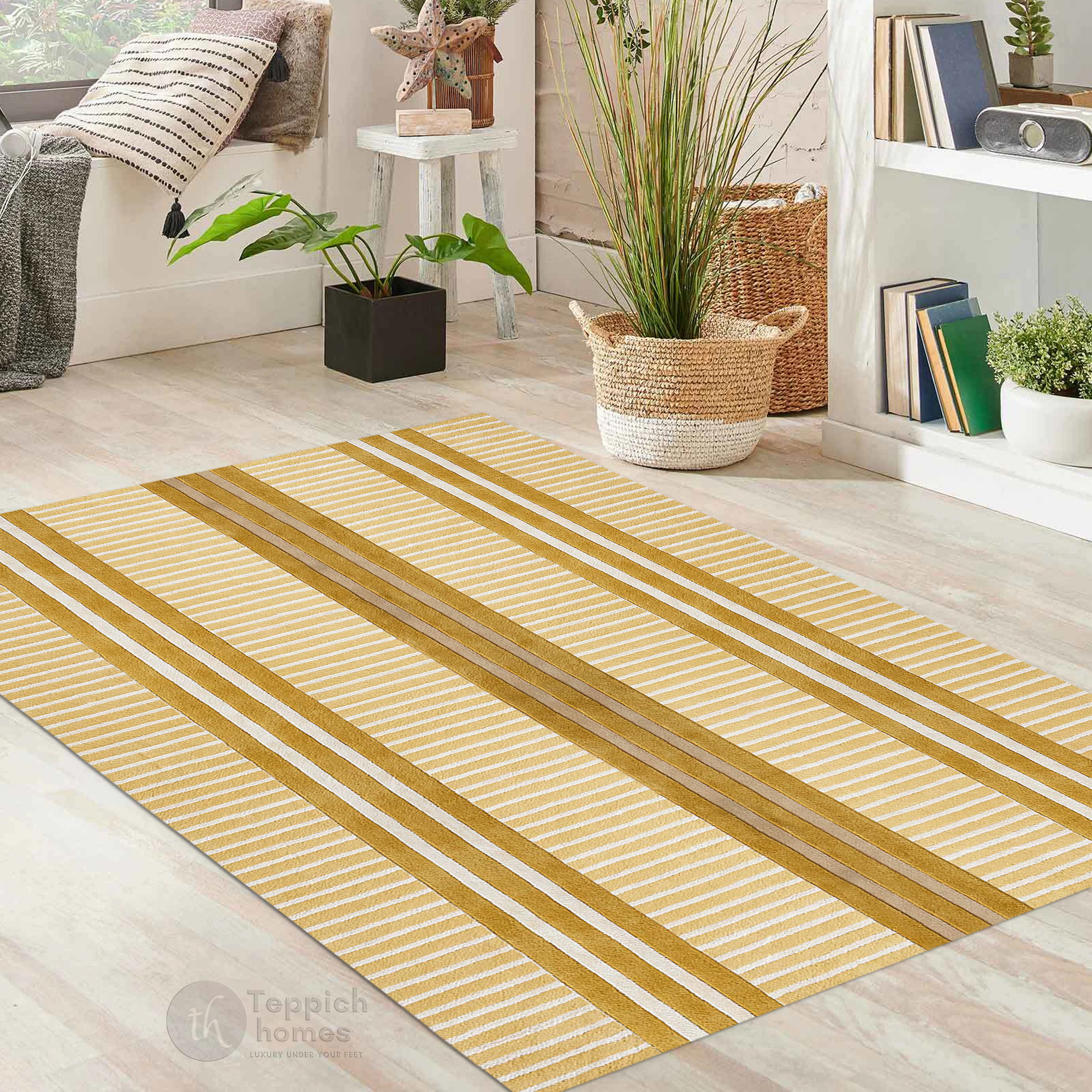 Modern Beige Striped Area Rug Contemporary Geometric Carpet for Living Room and Bedroom
