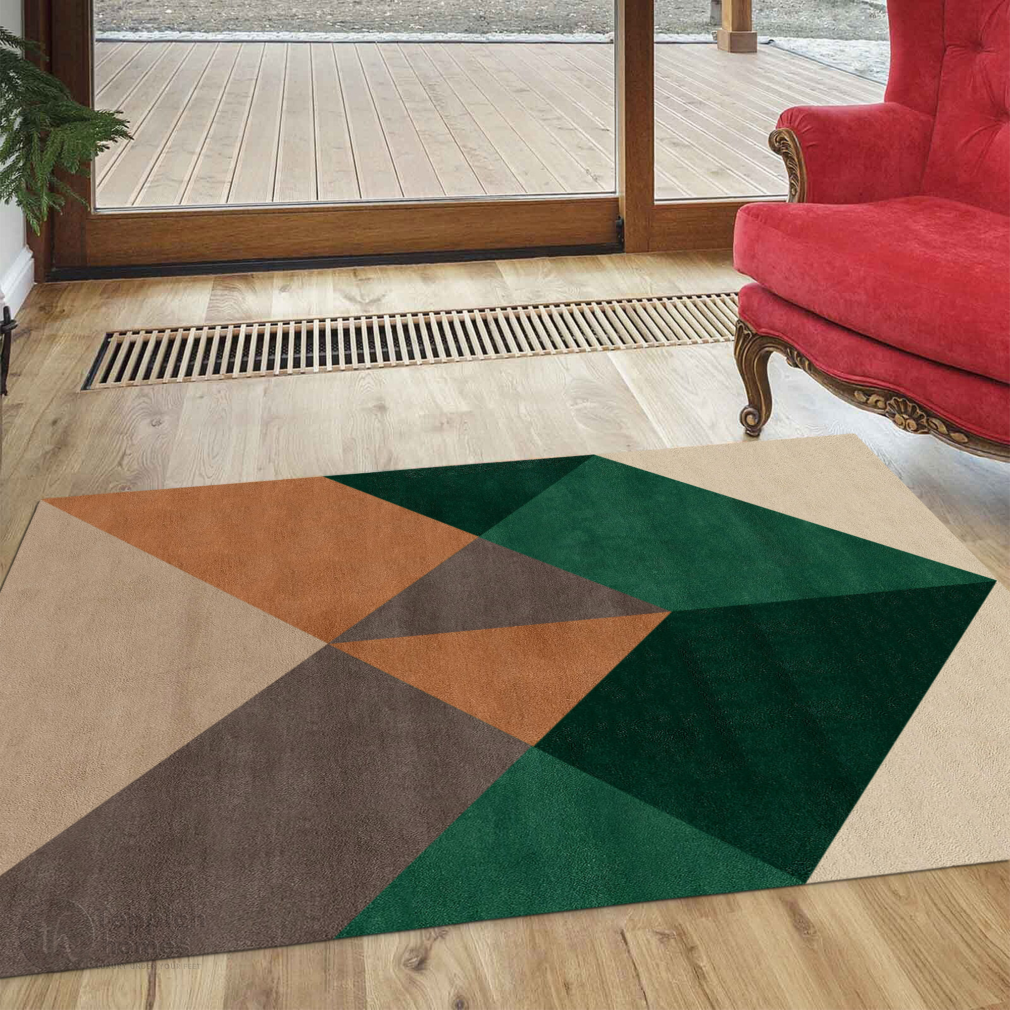 Beige Geometric Area Rug Modern Wool Carpet with Green and Brown Accents for Living Room and Bedroom