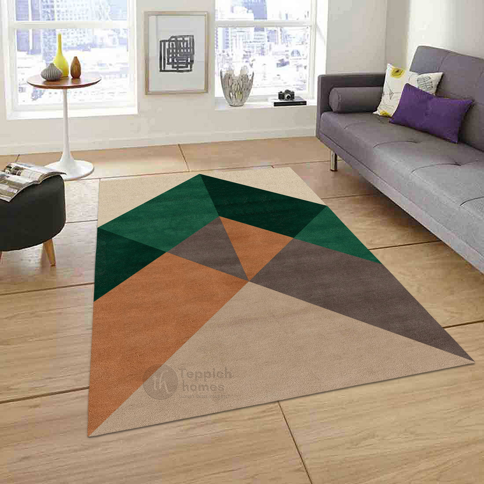 Beige Geometric Area Rug Modern Wool Carpet with Green and Brown Accents for Living Room and Bedroom
