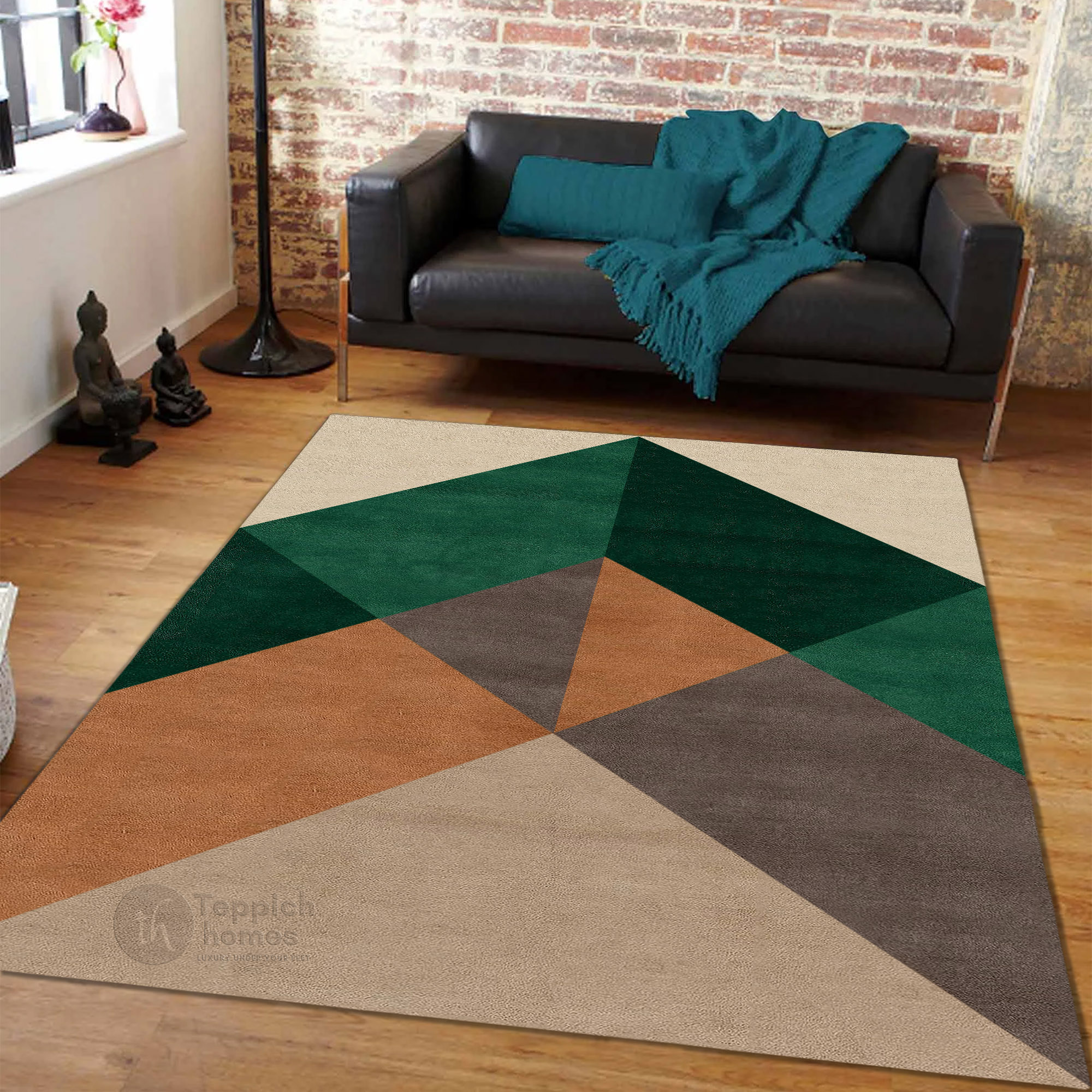 Beige Geometric Area Rug Modern Wool Carpet with Green and Brown Accents for Living Room and Bedroom