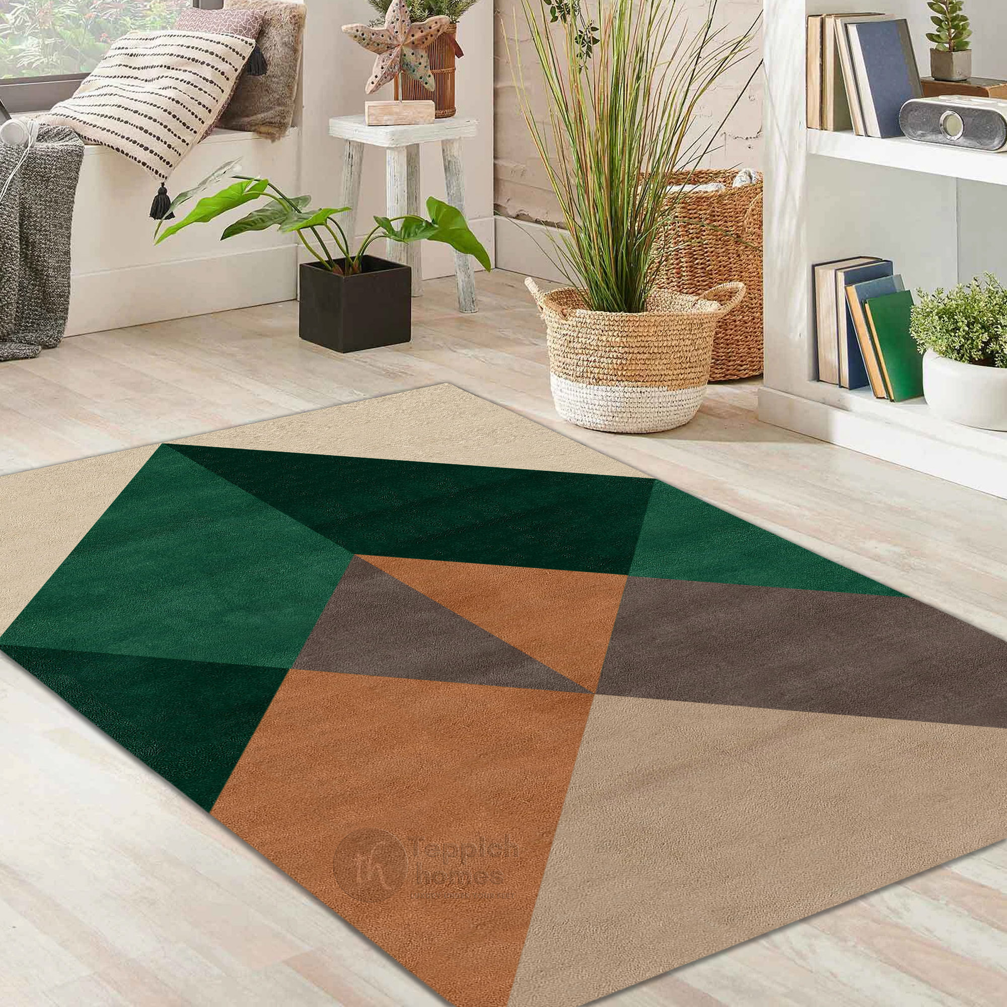 Beige Geometric Area Rug Modern Wool Carpet with Green and Brown Accents for Living Room and Bedroom