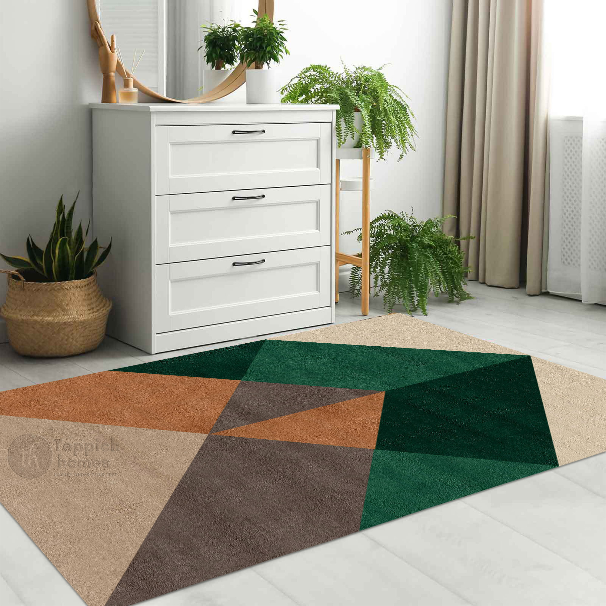 Beige Geometric Area Rug Modern Wool Carpet with Green and Brown Accents for Living Room and Bedroom