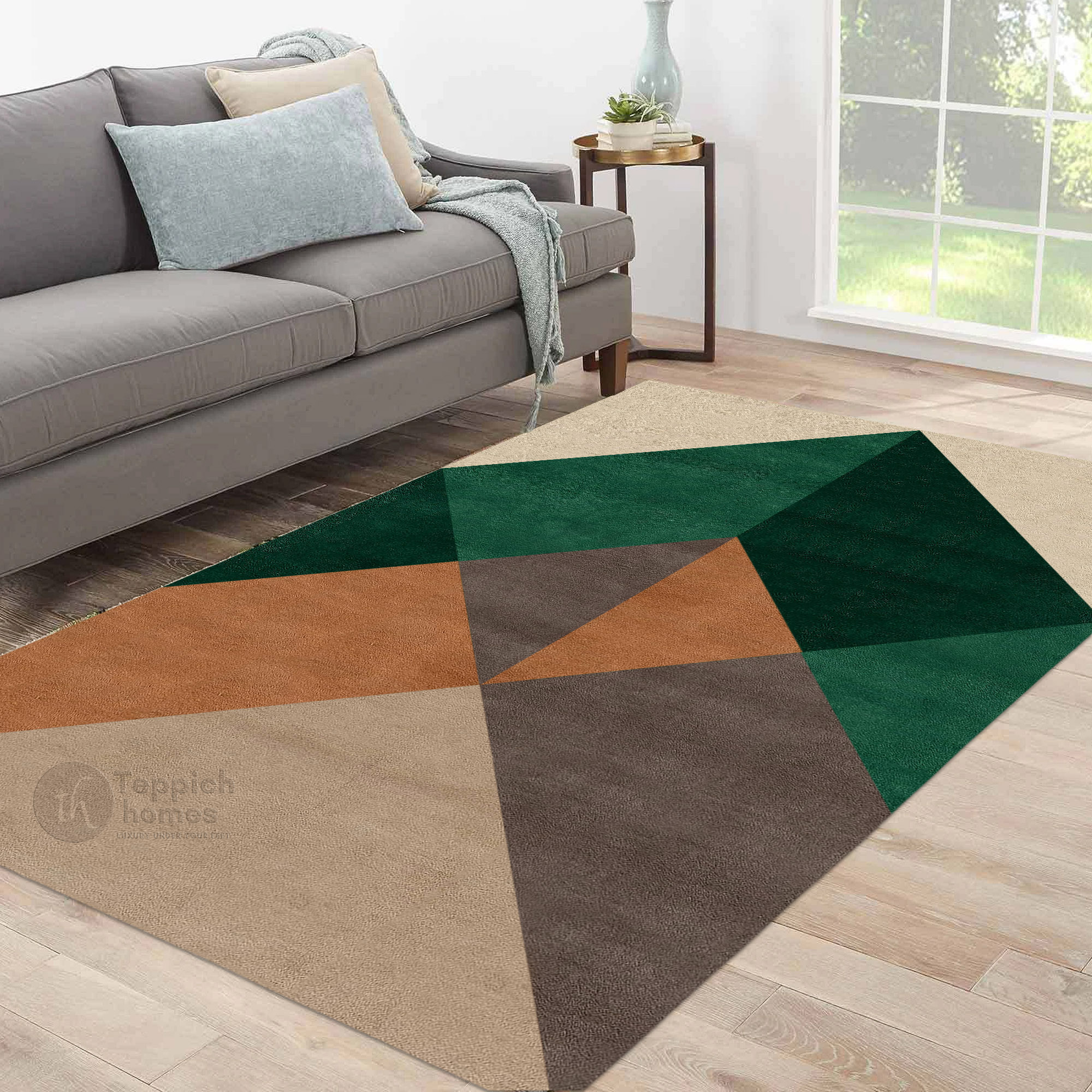 Beige Geometric Area Rug Modern Wool Carpet with Green and Brown Accents for Living Room and Bedroom