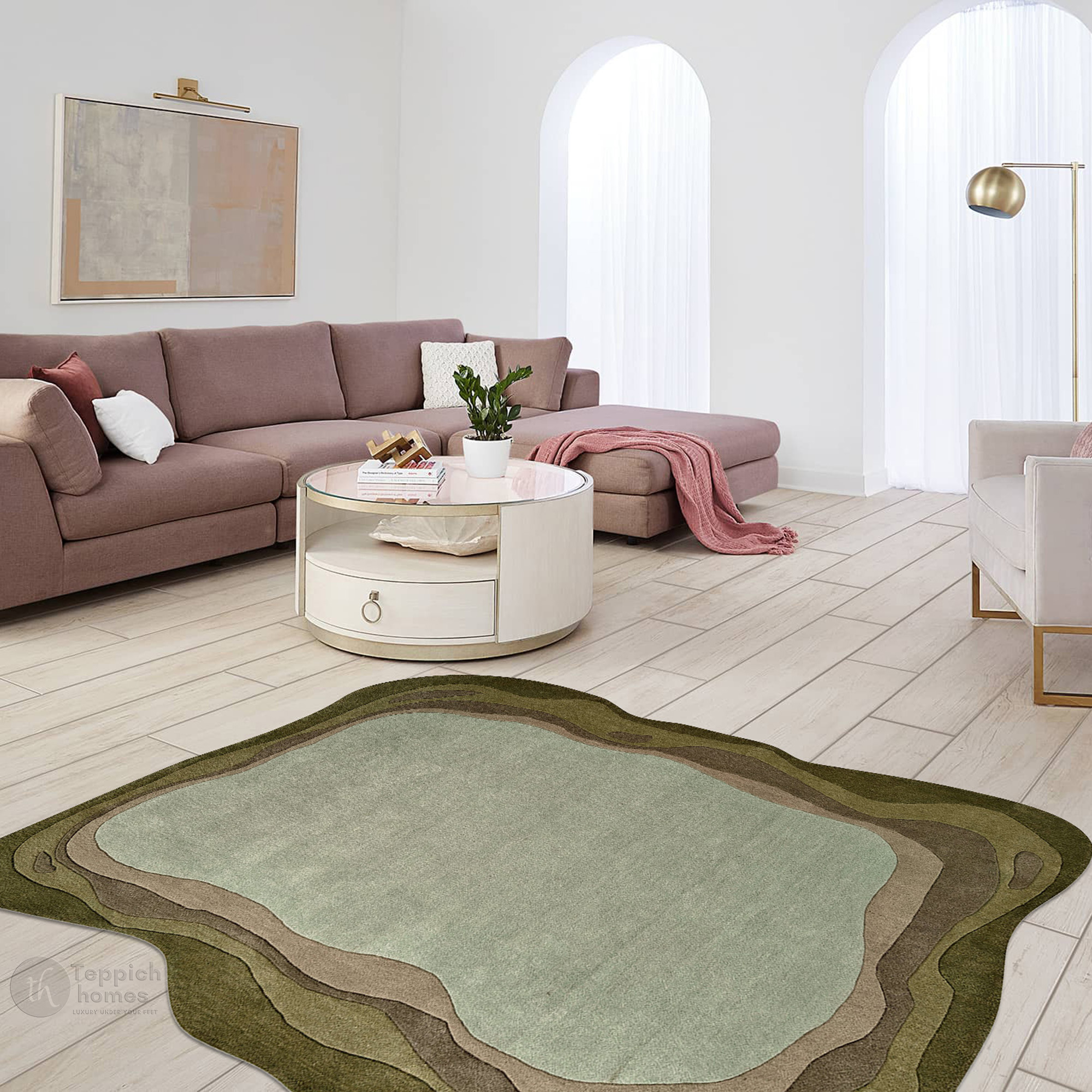 Green Abstract Wool Area Rug Handmade Modern Carpet with Organic Shape Living Room and Bedroom Dco