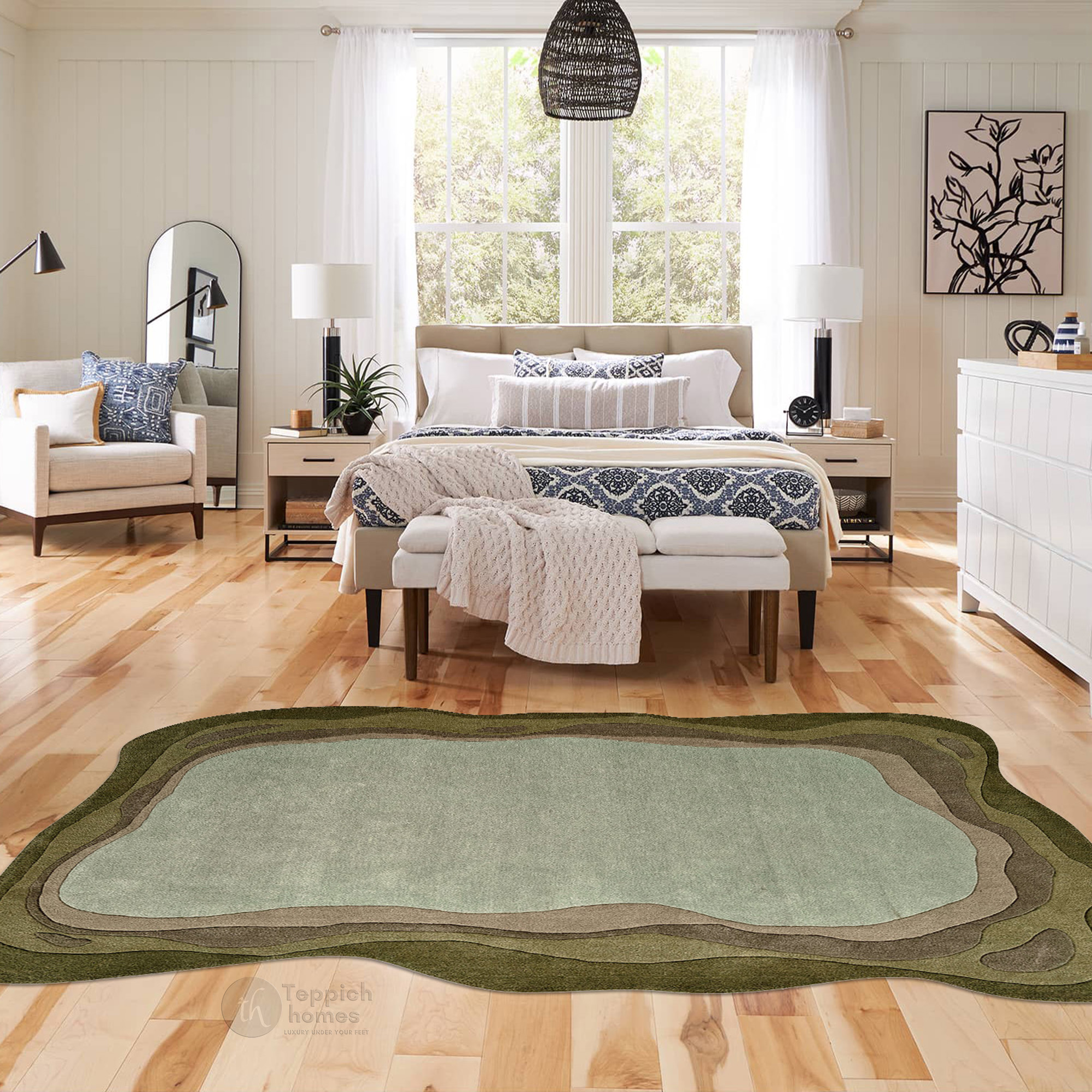 Green Abstract Wool Area Rug Handmade Modern Carpet with Organic Shape Living Room and Bedroom Dco