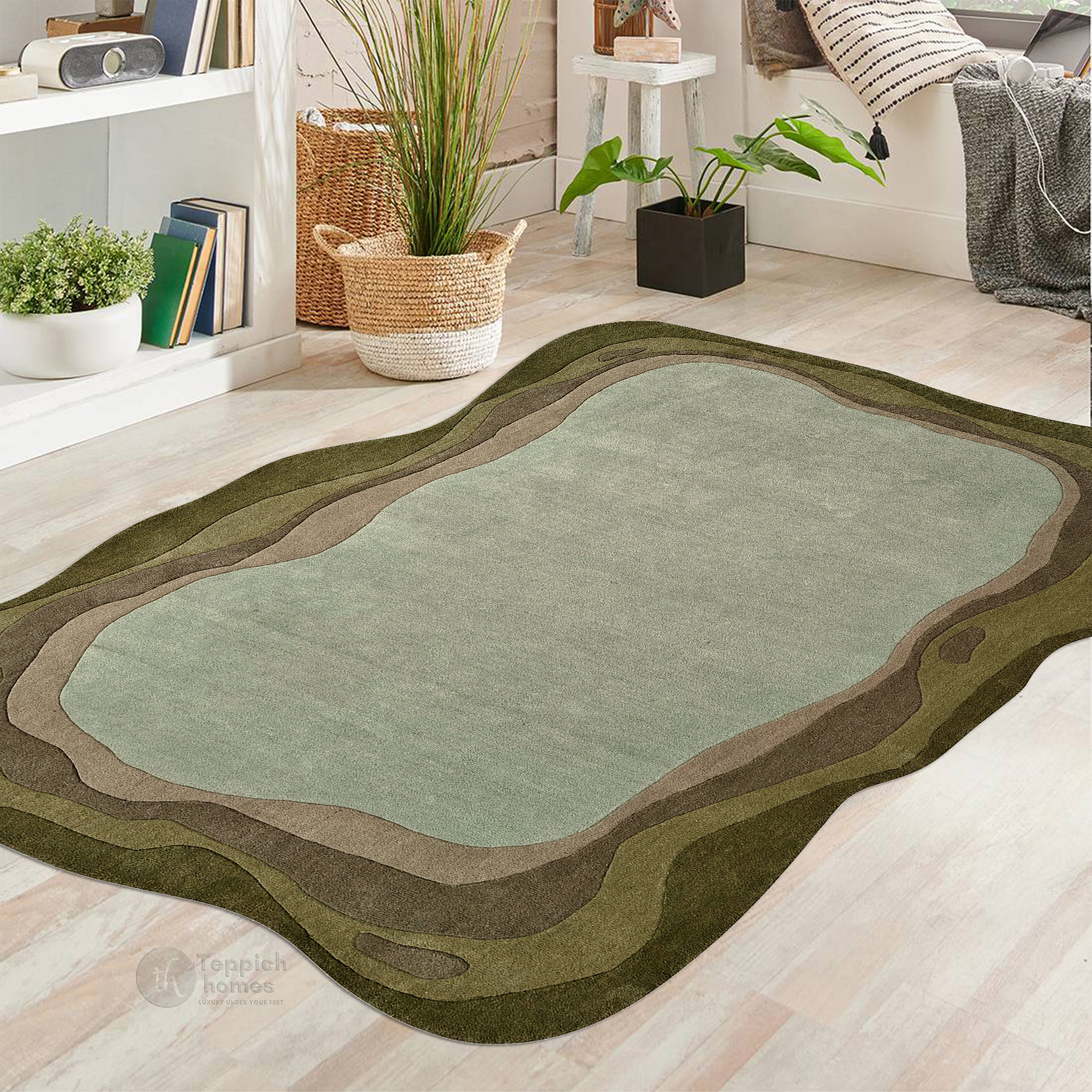 Green Abstract Wool Area Rug Handmade Modern Carpet with Organic Shape Living Room and Bedroom Dco