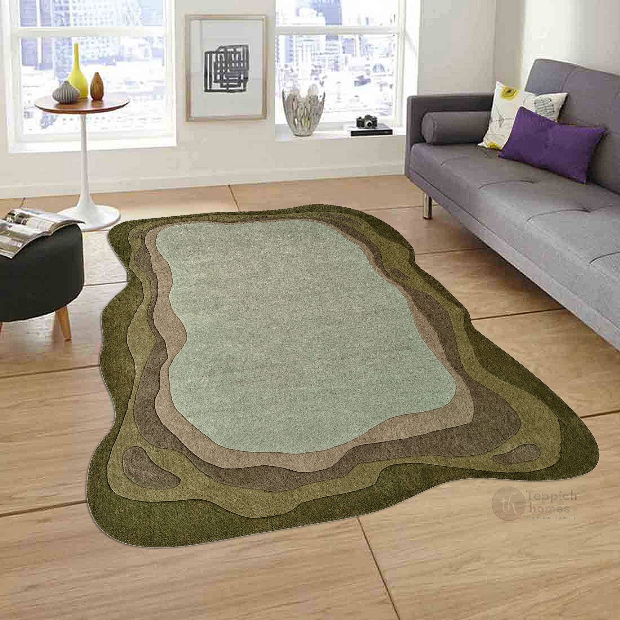 Green Abstract Wool Area Rug Handmade Modern Carpet with Organic Shape Living Room and Bedroom Dco