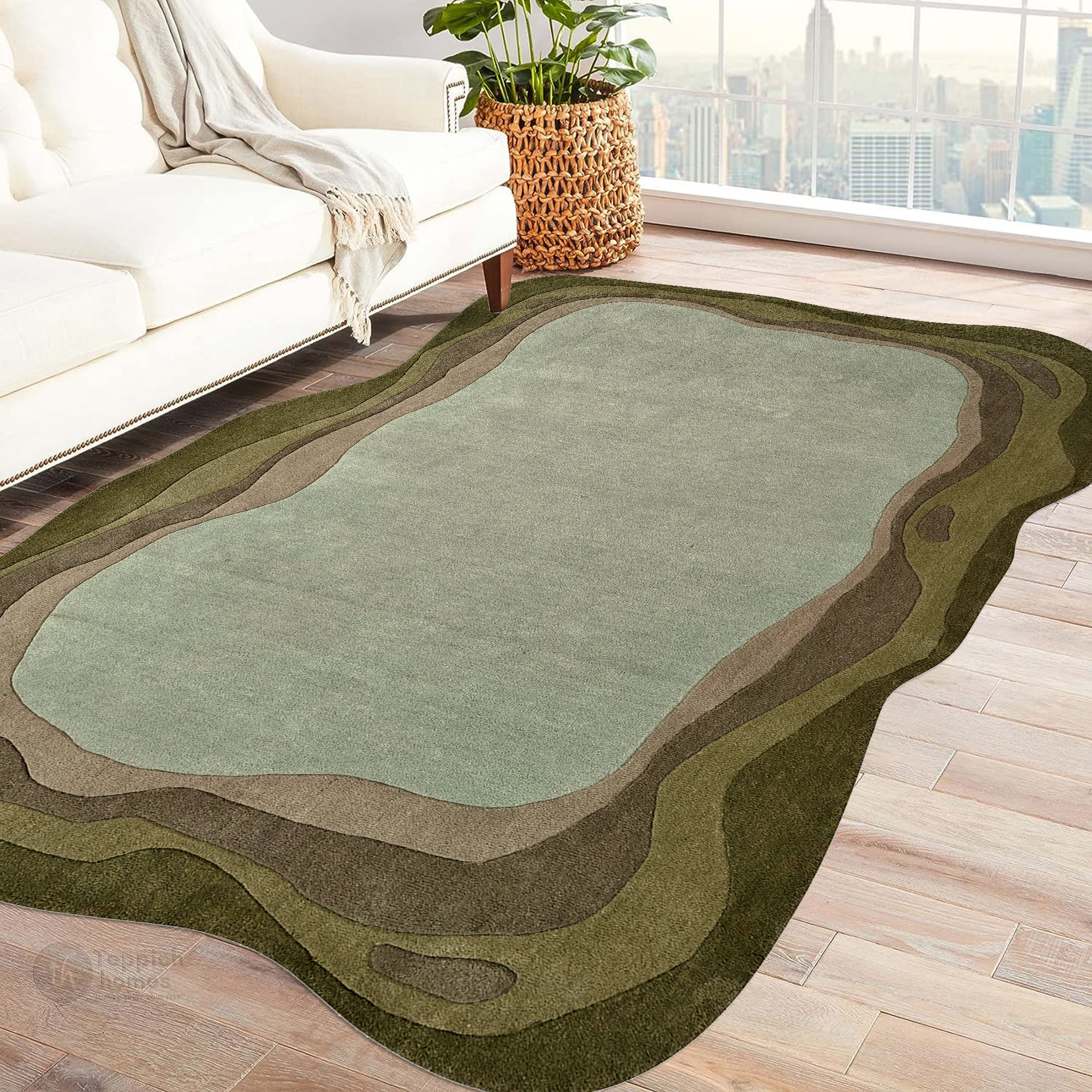 Green Abstract Wool Area Rug Handmade Modern Carpet with Organic Shape Living Room and Bedroom Dco