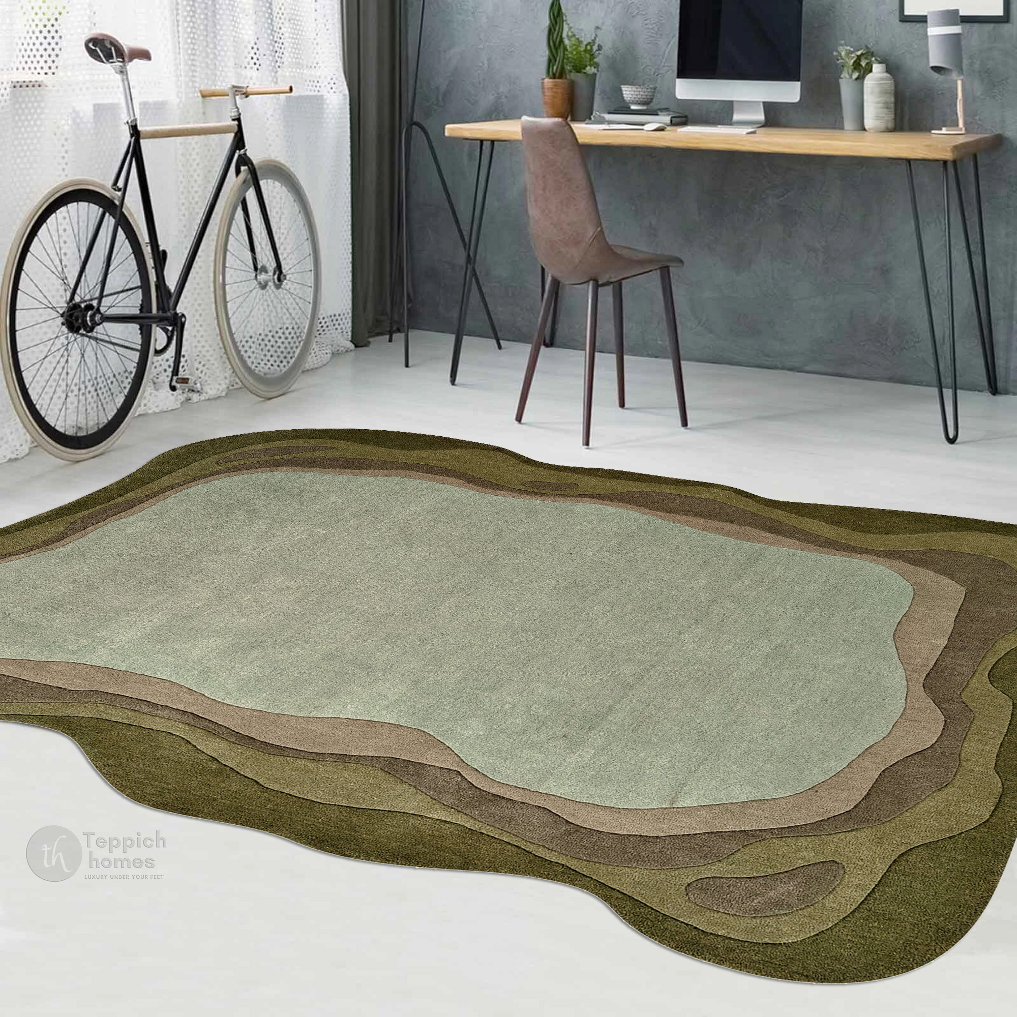 Green Abstract Wool Area Rug Handmade Modern Carpet with Organic Shape Living Room and Bedroom Dco
