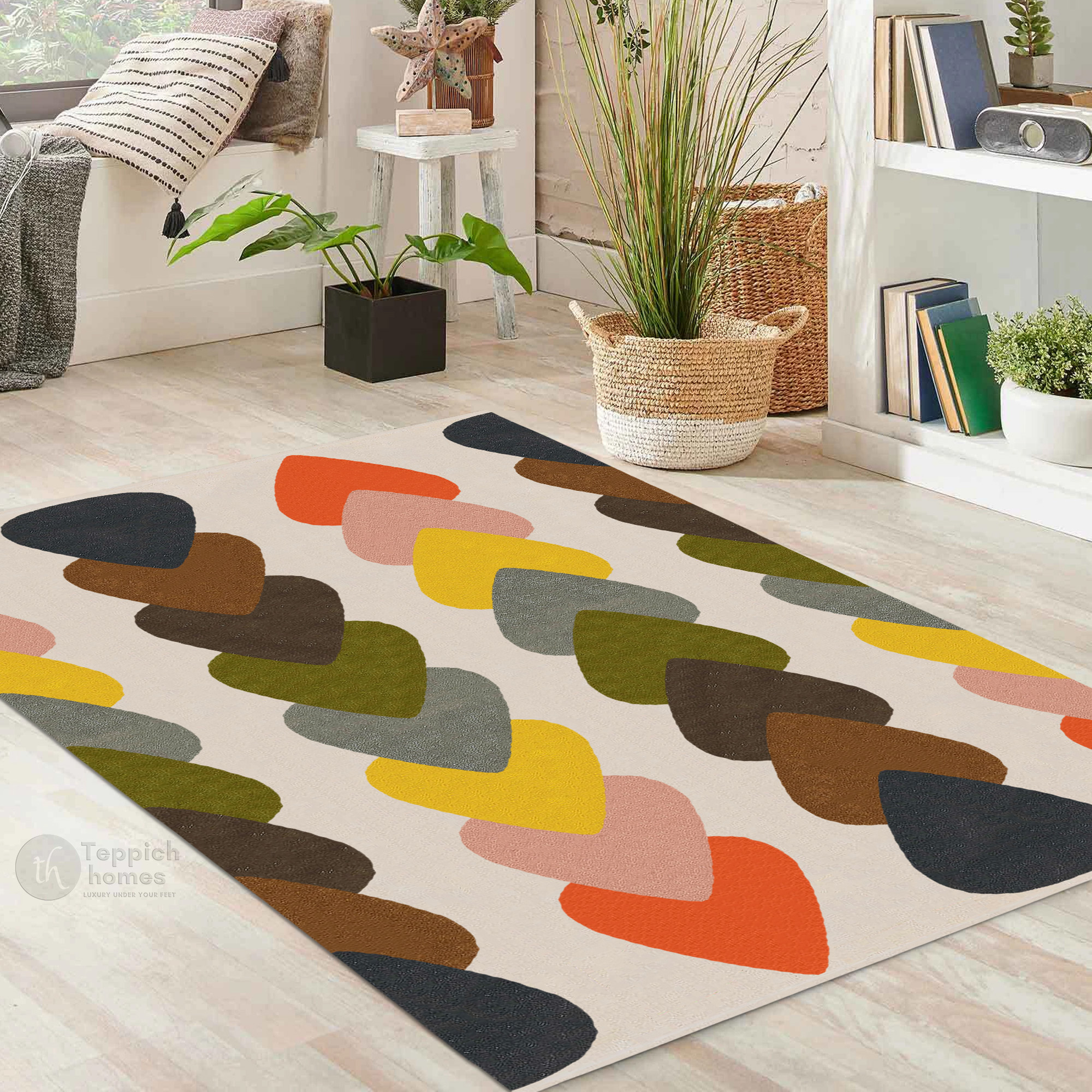 Mid-Century Modern Leaf Stacked Bedroom Rug 10x14