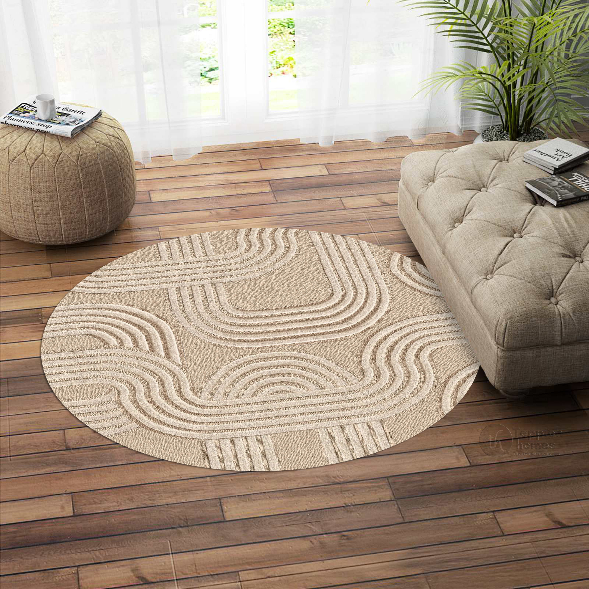 Modern Geometric Pattern Beige Round Rug 6x6