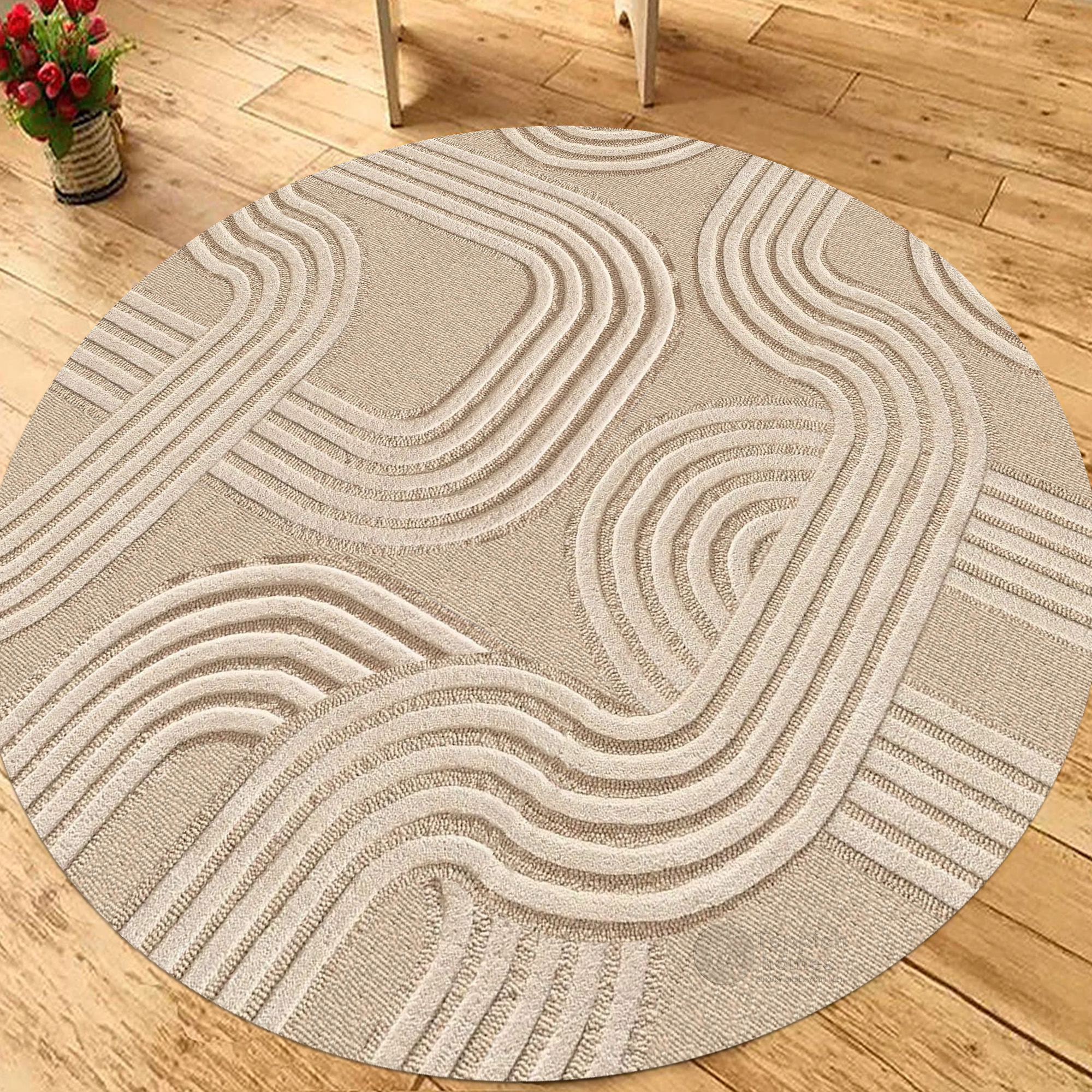 Modern Geometric Pattern Beige Round Rug 9x9
