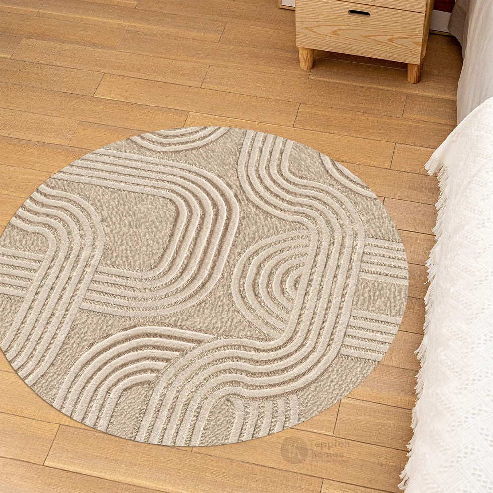 Circular Tan Rug Modern Geometric Pattern Beige Round Rug | 9x9 ft