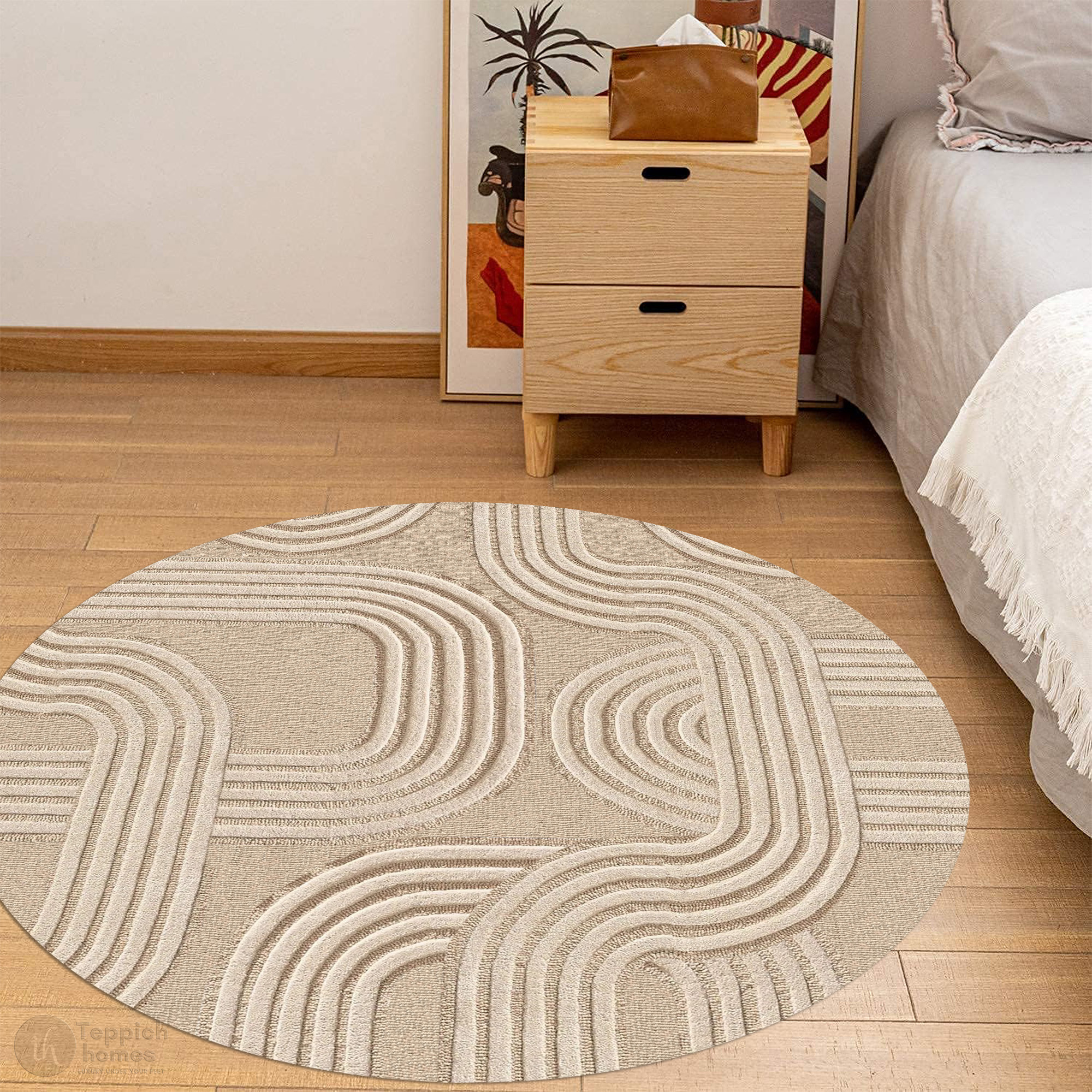 Modern Geometric Pattern Beige Round Rug 8x8