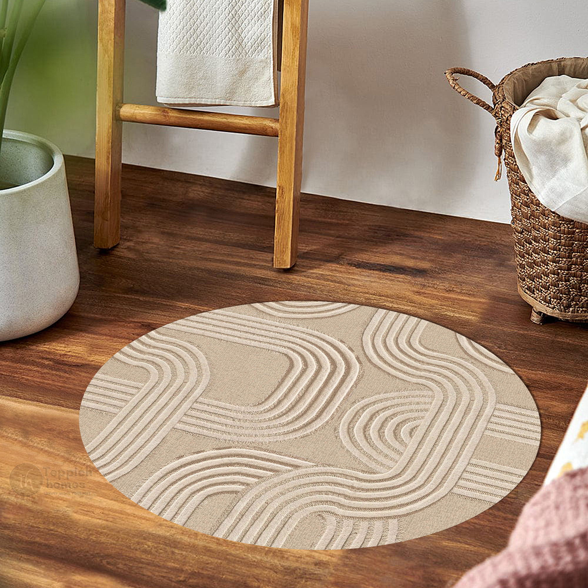 Modern Geometric Pattern Beige Round Rug 5x5