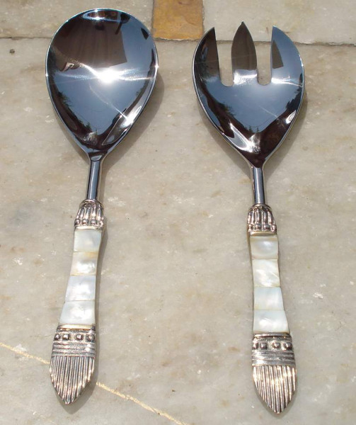 Image of Stainless Steel Salad Serving Set  With Mother Of pearl