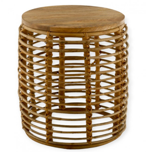 Image of Rattan Side Coffee Table With Wood Top