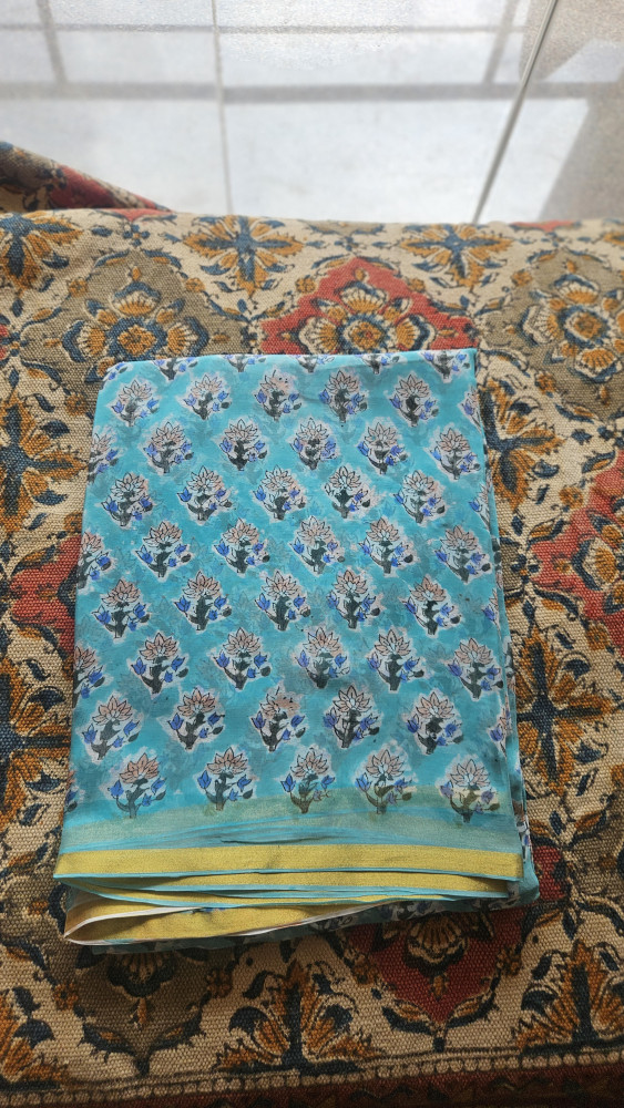 Image of BLUE HAND BLOCKPRINTED CHIFFON SAREE
