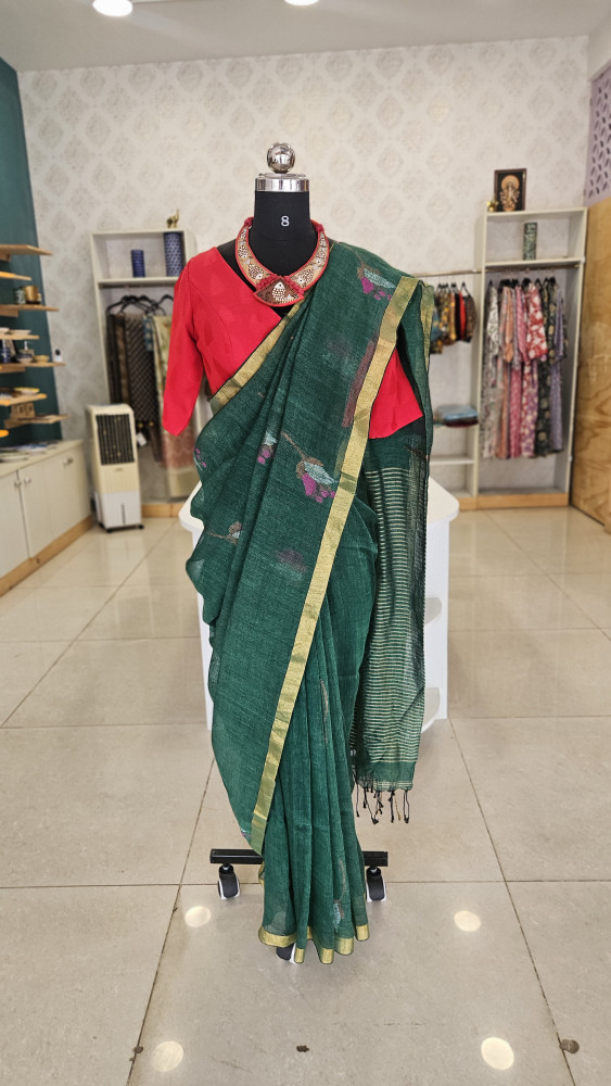 Image of GREEN PURE LINEN HANDLOOM JAMADANI SAREE