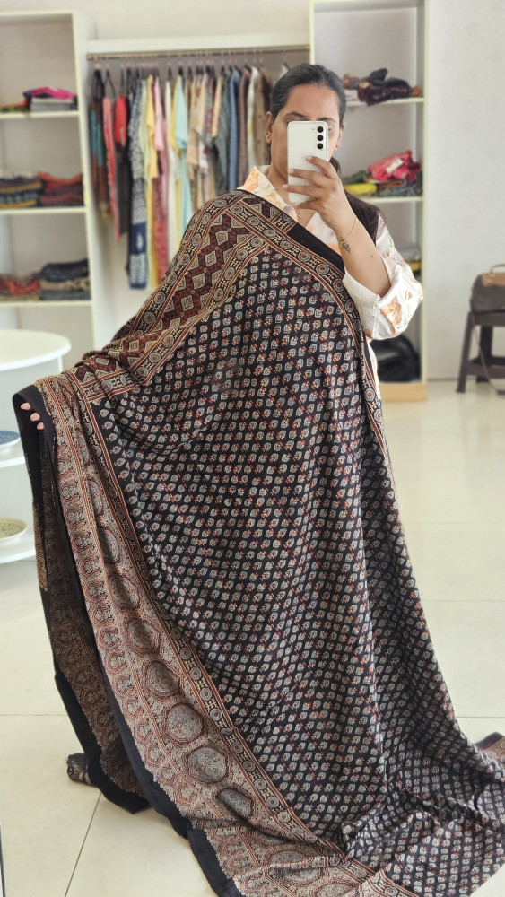 Image of BLACK AJRAKH HANDBLOCK PRINT COTTON SAREE