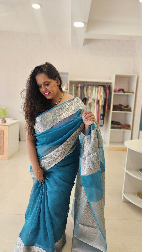 Image of PEACOCKBLUE BANARASI PURE TISSUE SILK SAREE