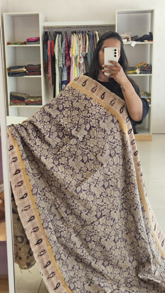 Image of LILAC AND BEIGE KALAMKARI CREPE SILK SAREE