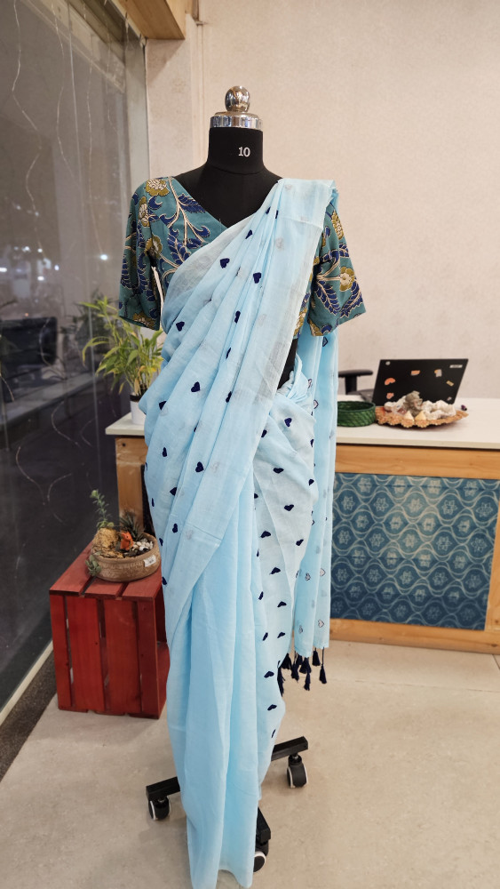 Image of BLUE MUL COTTON HEART SAREE