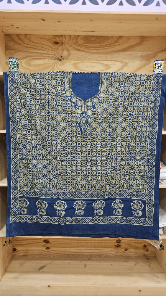 Image of INDIGO YELLOW AJRAKH HANDBLOCK PRINT KAFTAN