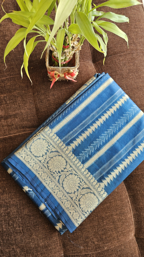 Image of TEAL BLUE STRIPES KORA ORGANZA SAREE