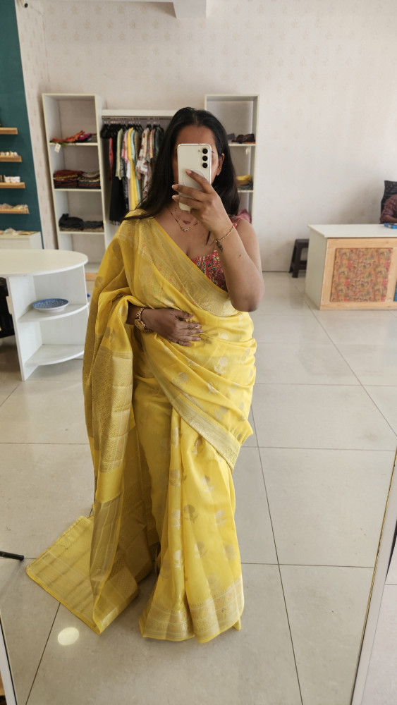 Image of YELLOW PURE BANARASI CHINIYA SILK SAREE