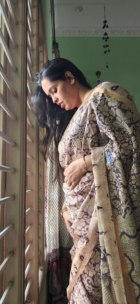 Image of LILAC AND BEIGE KALAMKARI CREPE SILK SAREE