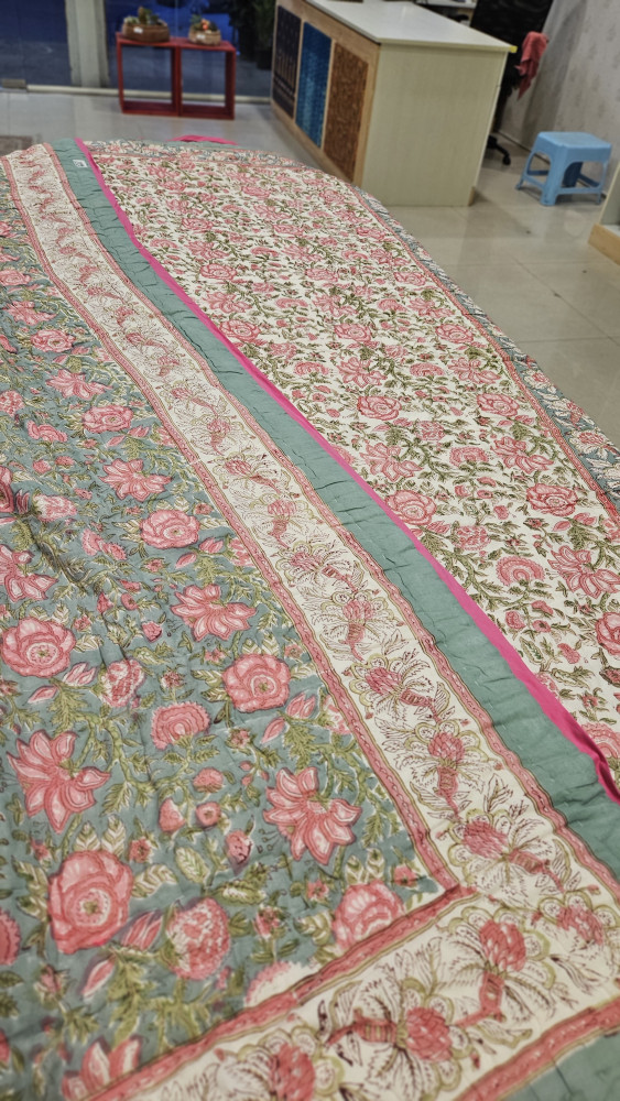 Image of GREY FLORAL HANDBLOCKPRINTED REVERSIBLE SINGLE BED MULMUL QUILT